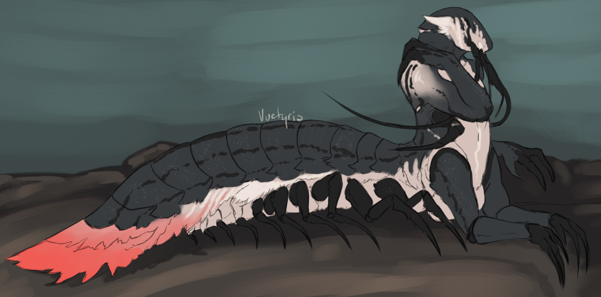 A singular character resting on the sea floor, half of their body is of a crustaceans abdomen colored in greys, cream, and pinks. their forebody rests on two forelimbs as above those it takes a more humanoid shape - with their head a lacking distinct eyes and long antenna.