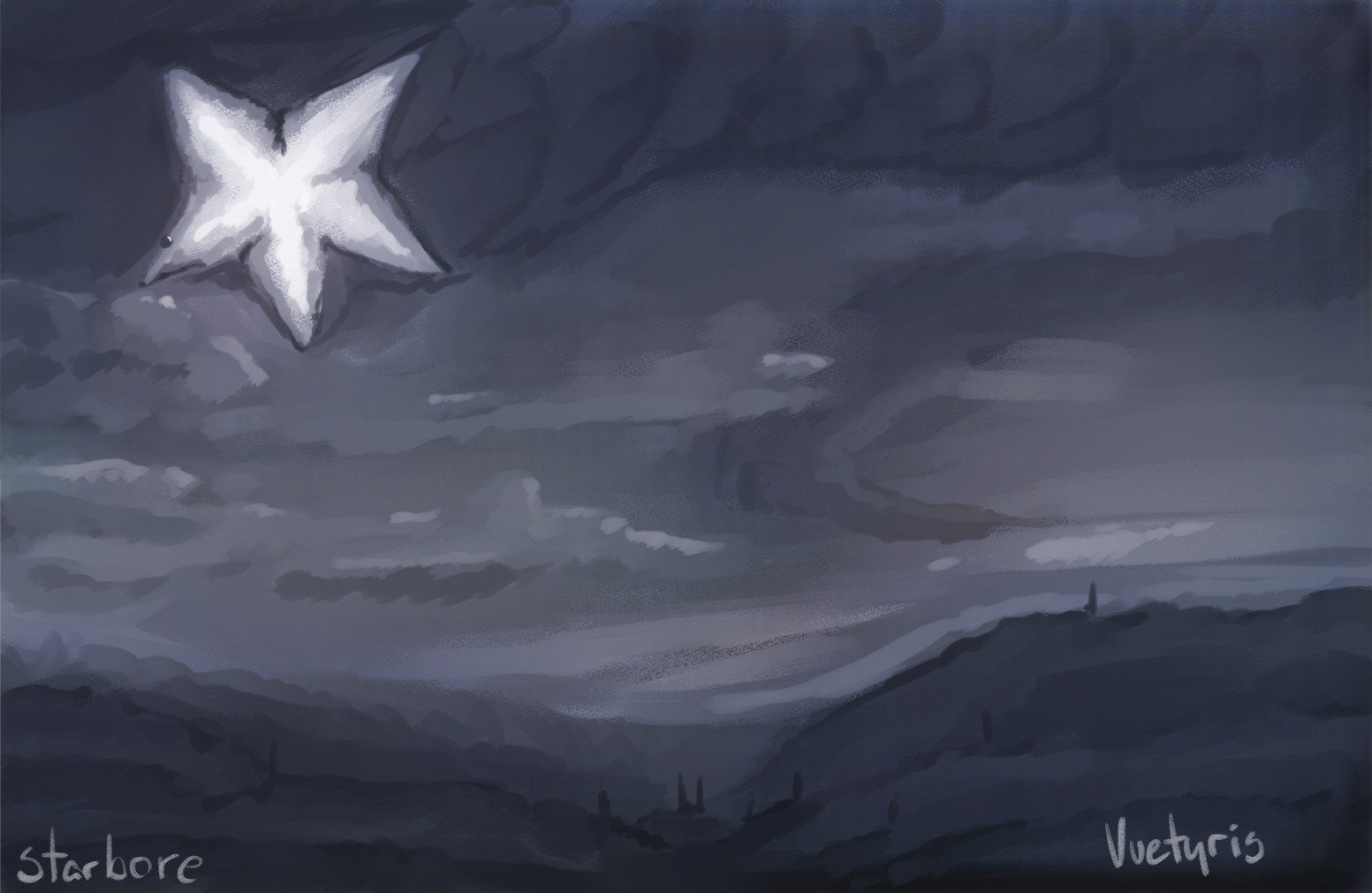 A painted landscape just before dawn, beneath a captive city sits quietly beneath the lightened sky. Where far above there seems to be a serpent beyond the atmosphere, a star-shape mouth easing upon a distant structure.