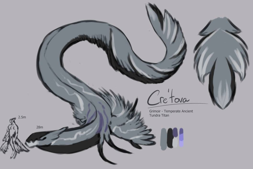 Cre'tova's innate form compared with an initial terrestrial form. Their head shares the qualities of a whale, smoothed with a large black melon with a long jaw-line that smooths back into their long neck. Their melon and foreward jaw are sparse of fur, which carries along the rest of their body. Covered in dense greys along their dorsal, black along their ventral, their limbs are collected a fourth of the way down their body, having two pair of singular claw limbs as their third pair is a set of maneuvering fins akin to a seal. Stripes of white and purple lines along their back, reaching backwards towards the wide fluffy tail.