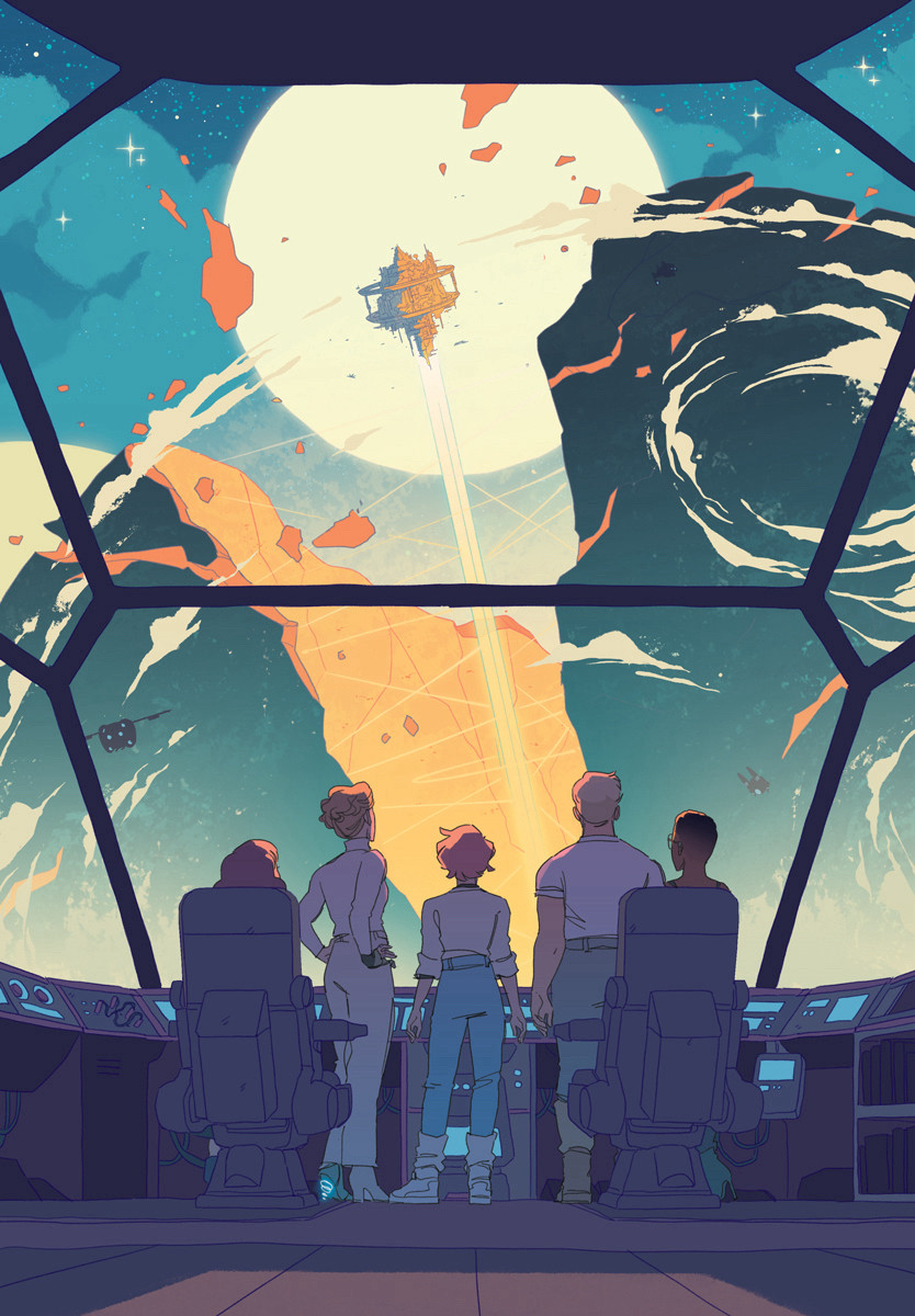 A page from Cosmoknights Book Two- the five main characters (Scottie, Kate, Pan, Cass, and Bee) look out of a large dimly lit spaceship cockpit at a planet in the distance. The planet is almost split into two due to a mining operation, with a small floating city hanging in its orbit.