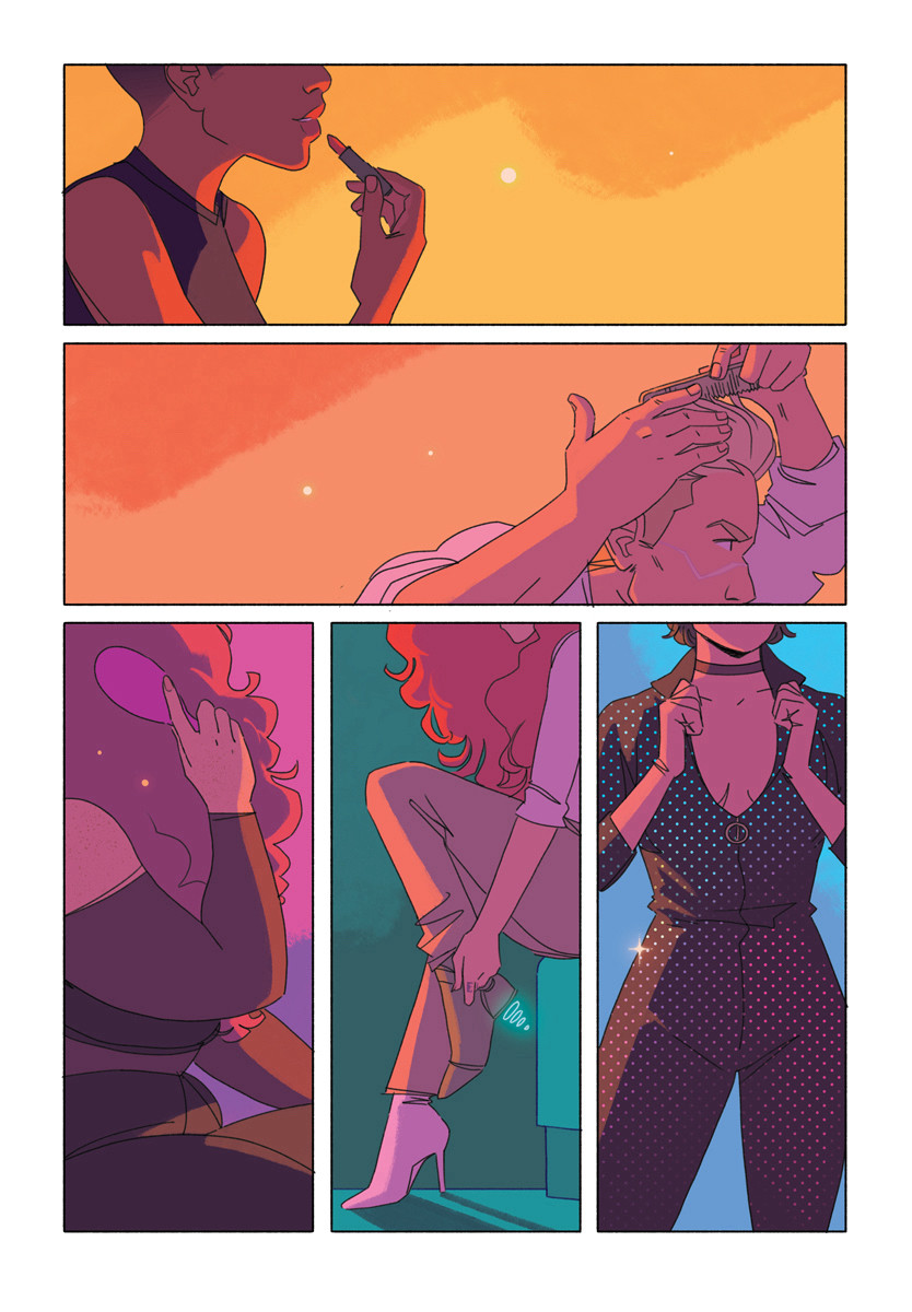 A page from Cosmoknights Book Two- the five main characters (Bee, Cass, Scottie, Kate, and Pan) each get ready for a night out: combing their hair, putting on lipstick, putting on heels etc. each panel has a different color scheme corresponding to each character; yellow for Bee, orange for Cass, pink for Scottie, Green for Kate, Blue for Pan