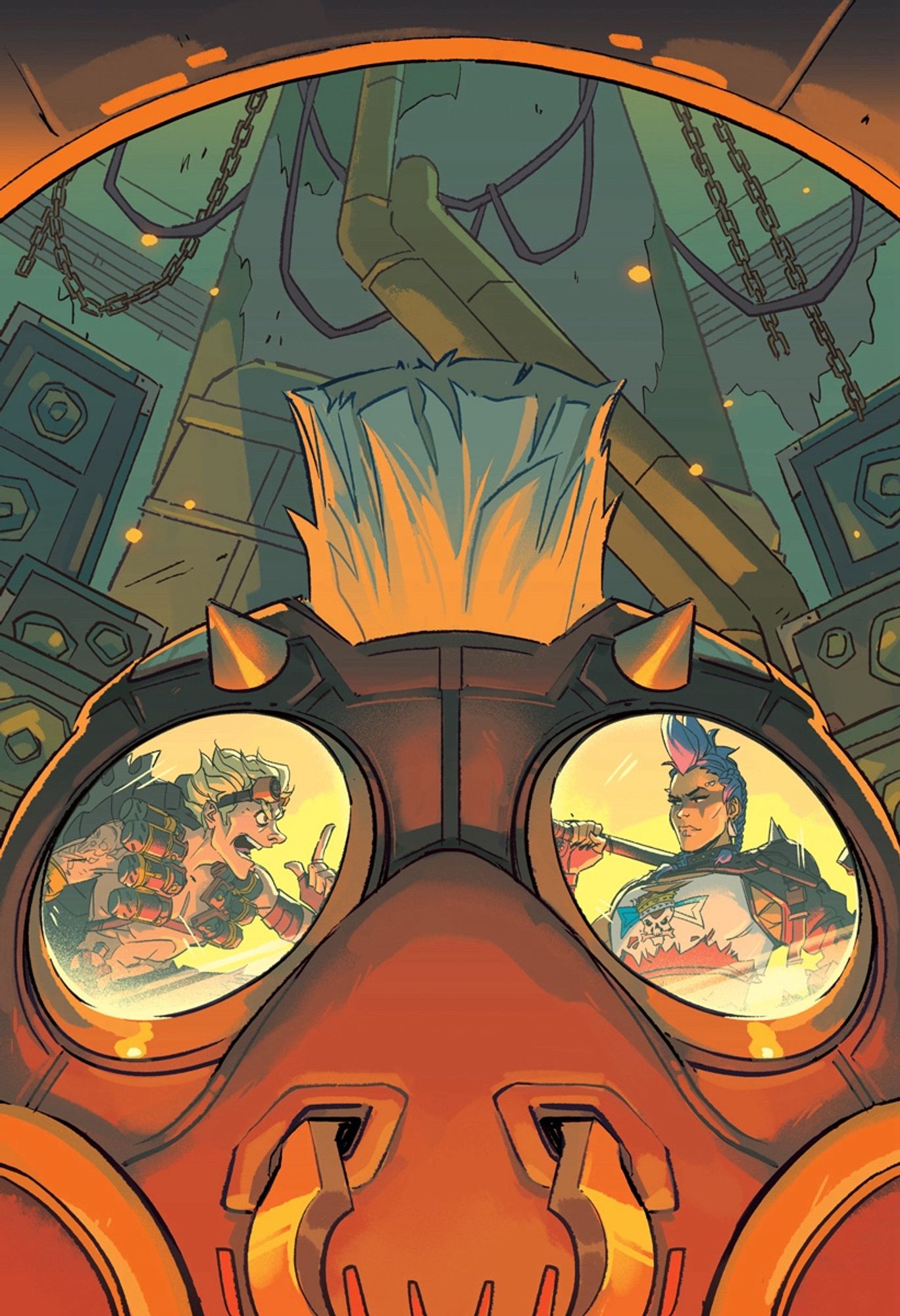 an illustration from Heroes Ascendant, a collection of overwatch 2 short stories. this illustration depicts Roadhog underlit in orange light, wearing his gasmask. Junkrat and the Junker Queen are visible reflected in his lenses, arguing with each other.