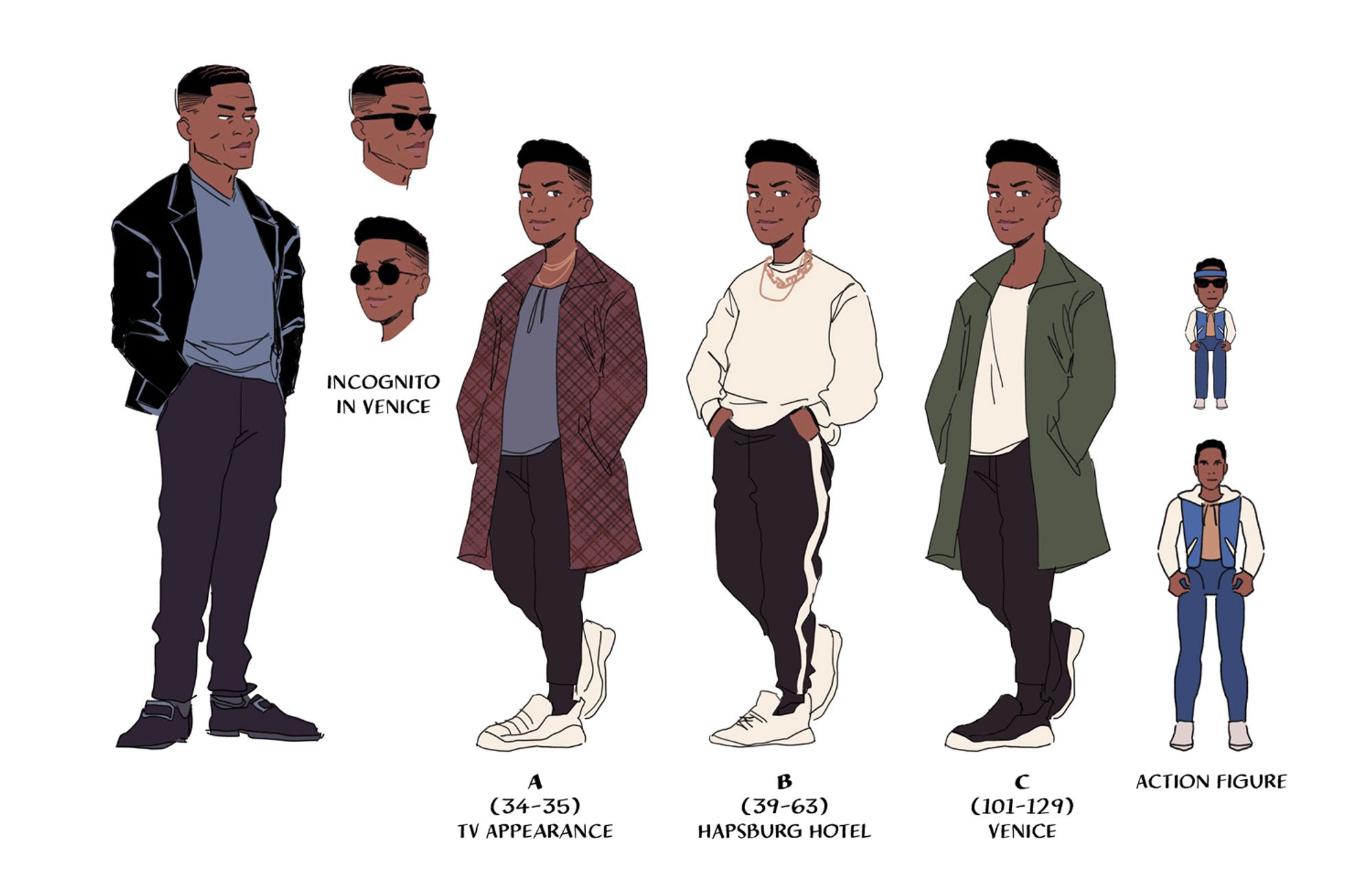 character sheets for Jonah and his father, characters from The 39 Clues series. They are both Black, Jonah's father is older with a fade haircut and leather jacket and reserved demeanor, Jonah is a smug teenager with a fade haircut and very stylish outfits