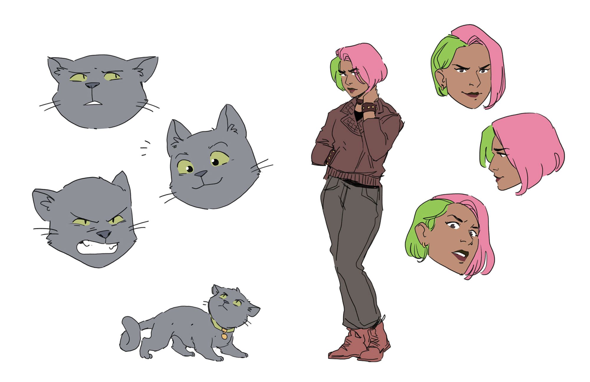 an illustrated character sheet for Saladin the cat and Nellie the au pair, characters from The 39 Clues series. Saladin is a gray cat with green eyes and a green collar, while Nellie is a brown-skinned woman in her 20s with pink and green hair, a leather jacket, and studded leather bracelets.