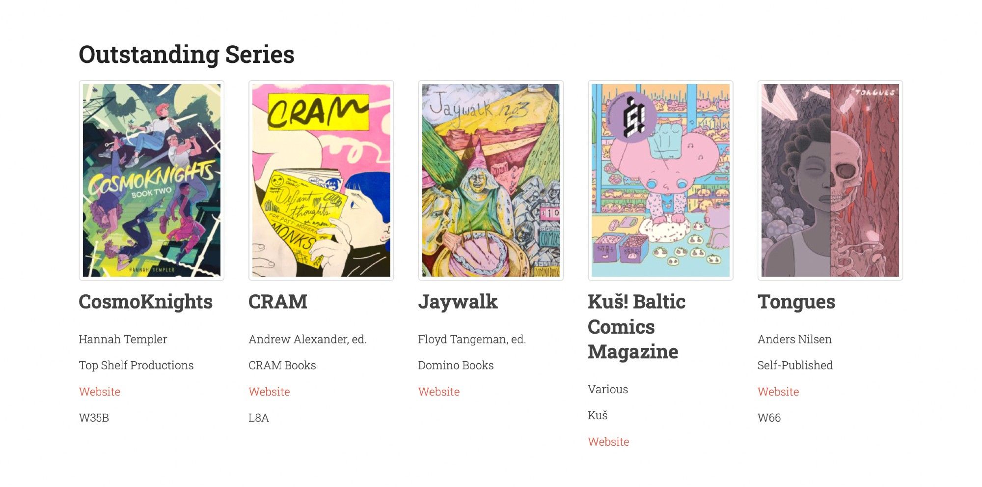 A screenshot of the "outstanding series" nominations for the Ignatz awards. Titles include: Cosmoknights by Hannah Templer (table W35B) published by Top Shelf Productions, CRAM ed. Andrew Alexander published by CRAM Books (table L8A), Jaywalk ed. Floyd Tangeman published by Domino Books, Kuš! Baltic Comics Magazine by various authors, and Tongues by Anders Nilsen (self-published, table W66)