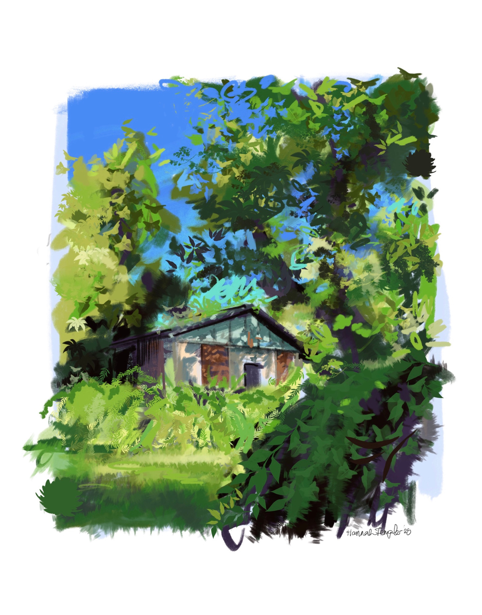a painting of a shed in a sunny backyard filled with greenery on a beautiful summer day