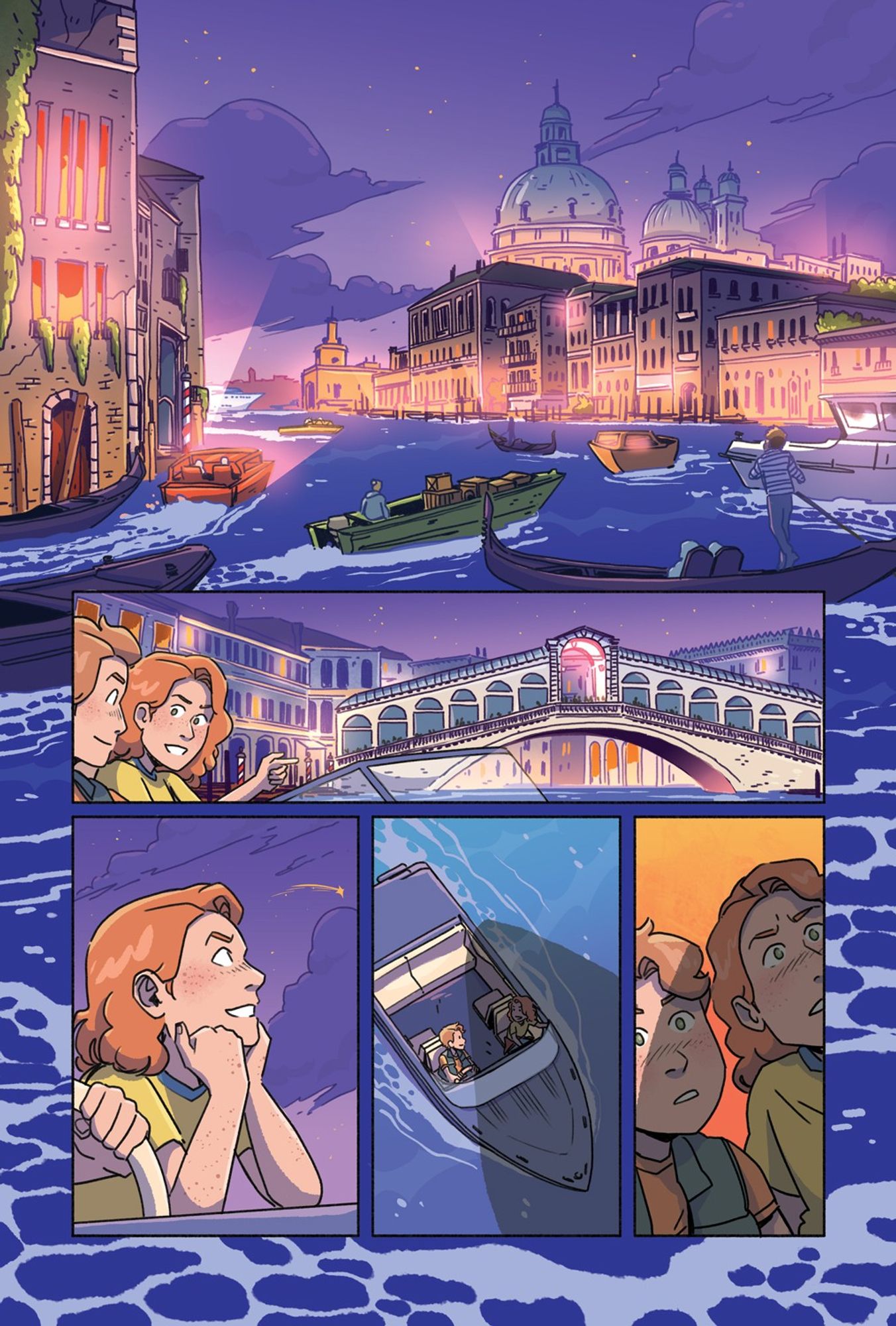 a page from The 39 Clues: One False Note Graphic Novel. We can see a night-time scene of the Grand Canal in Venice as the main panel of the page, with images of two preteens with red hair exploring and pointing out various landmarks, including the Ponte Di Rialto. The last two panels show the preteens being cast in a large shadow and looking up in terror as another boat approaches their small speedboat