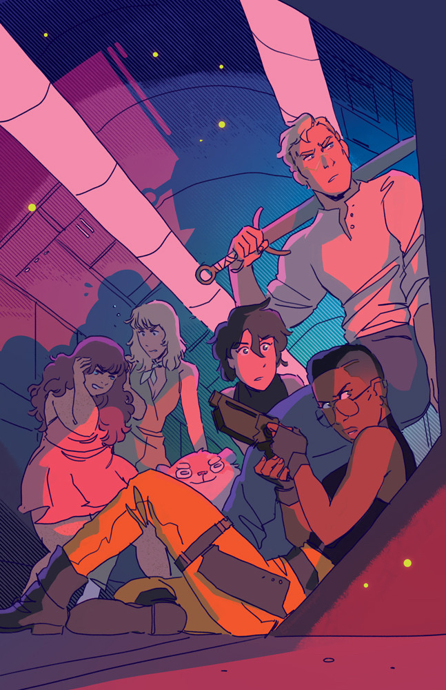 the main cast of the webcomic Cosmoknights, drawn in the hallway of a spaceship, cast in red light. Bee is at the front, crouched with a laser-gun drawn, Cass behind her with a sword over her shoulder, and Pan crouching behind them. in the background, Percy looks on mischievously while Kate stares at Scottie, who is freaking out. the overall composition is based on an old Gall Force poster