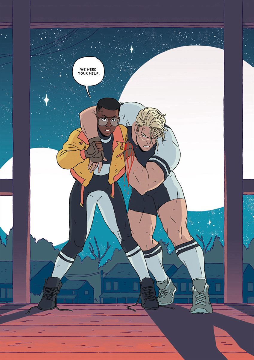 a page from Cosmoknights Book One. Two characters stand in the moonlight on someone's front porch, both looking exhausted. The woman on the left is supporting a larger woman on the right, who is bleeding from her ribs. The woman on the left is Black with a TWA fade haircut, wearing glasses and an orange bomber jacket over a space suit; the woman on the right is white with short cropped blonde hair and is wearing a sporty looking one piece space suit as well.