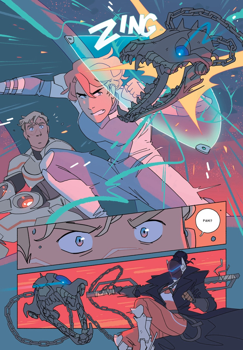 A page from Cosmoknights Book Two. The pallet is bright red, purple, and blue. in the main action panel of the page, a young woman with short pink hair jumps in front of a larger butch woman with a holographic shield to protect her from an incoming flail. The second and third panels depict the reaction of the butch woman as well as the attacker, who is dressed in black and has a futuristic mask.