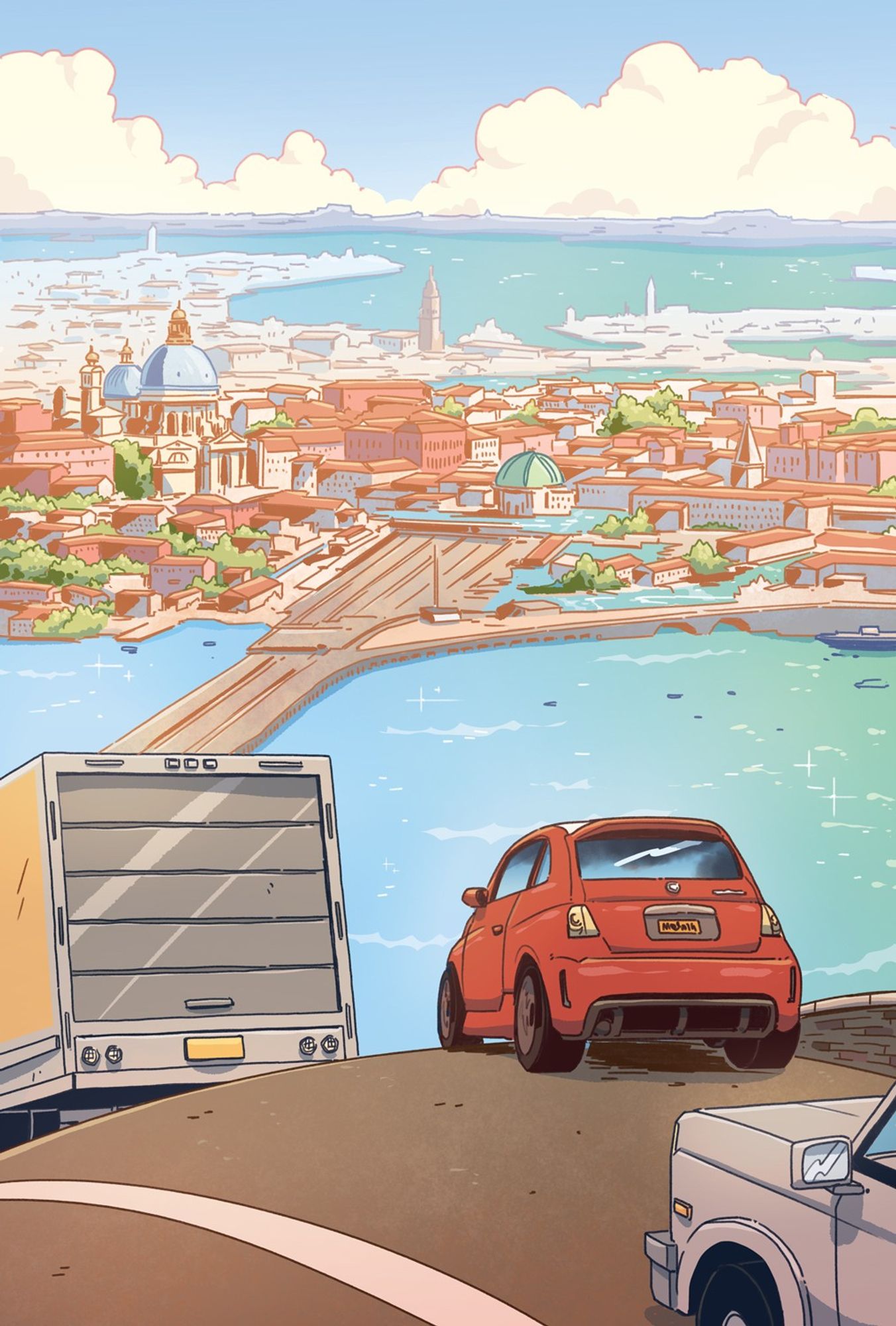 a page from The 39 Clues: One False Note Graphic Novel. A red fiat approaches the city of Venice over crystal blue waters. The city is bathed in sunlight in the distance