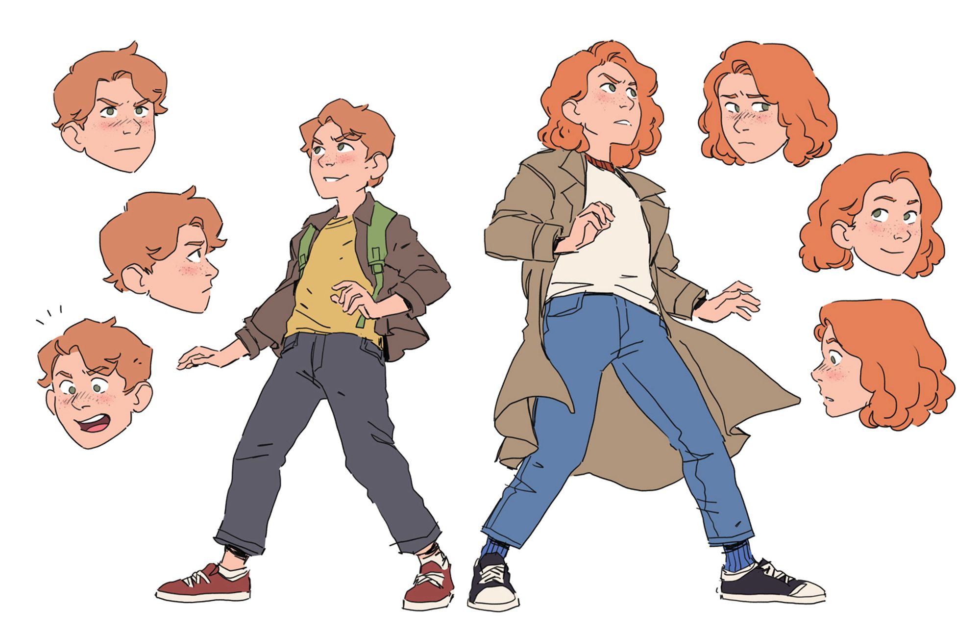 an illustrated character sheet for Amy and Dan, the protagonists of The 39 Clues series. they are two white siblings with red hair aged 11 and 14, and this character sheet features several expressions for each character as well as full body illustrations of their outfits