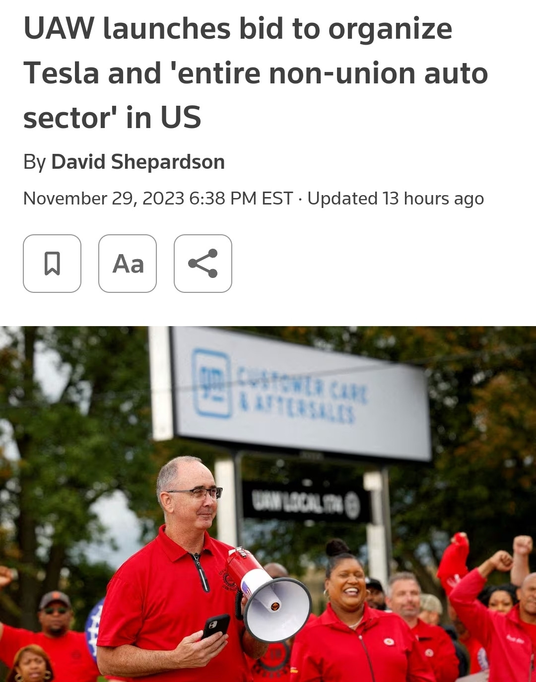 UAW launches bid to organize Tesla and 'entire non-union auto sector' in US
By David Shepardson
November 29, 20236:38 PM ESTUpdated 13 hours ago

Picture: Shawn Fain, an aggressively normal-looking middle aged man, in a red shirt with a megaphone