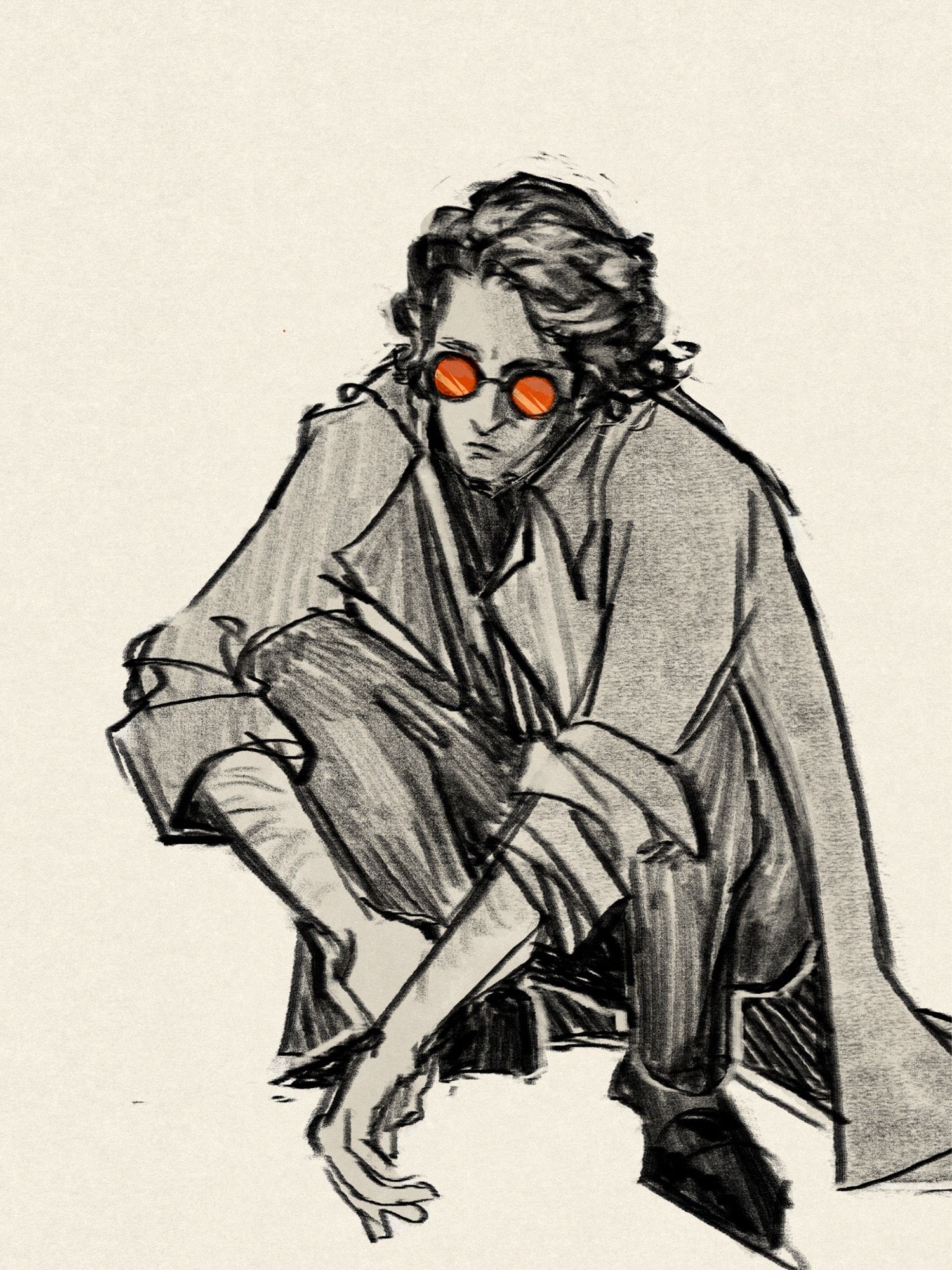 black and white sketch of armand crouching down in a trench coat. his sunglasses are bright orange.