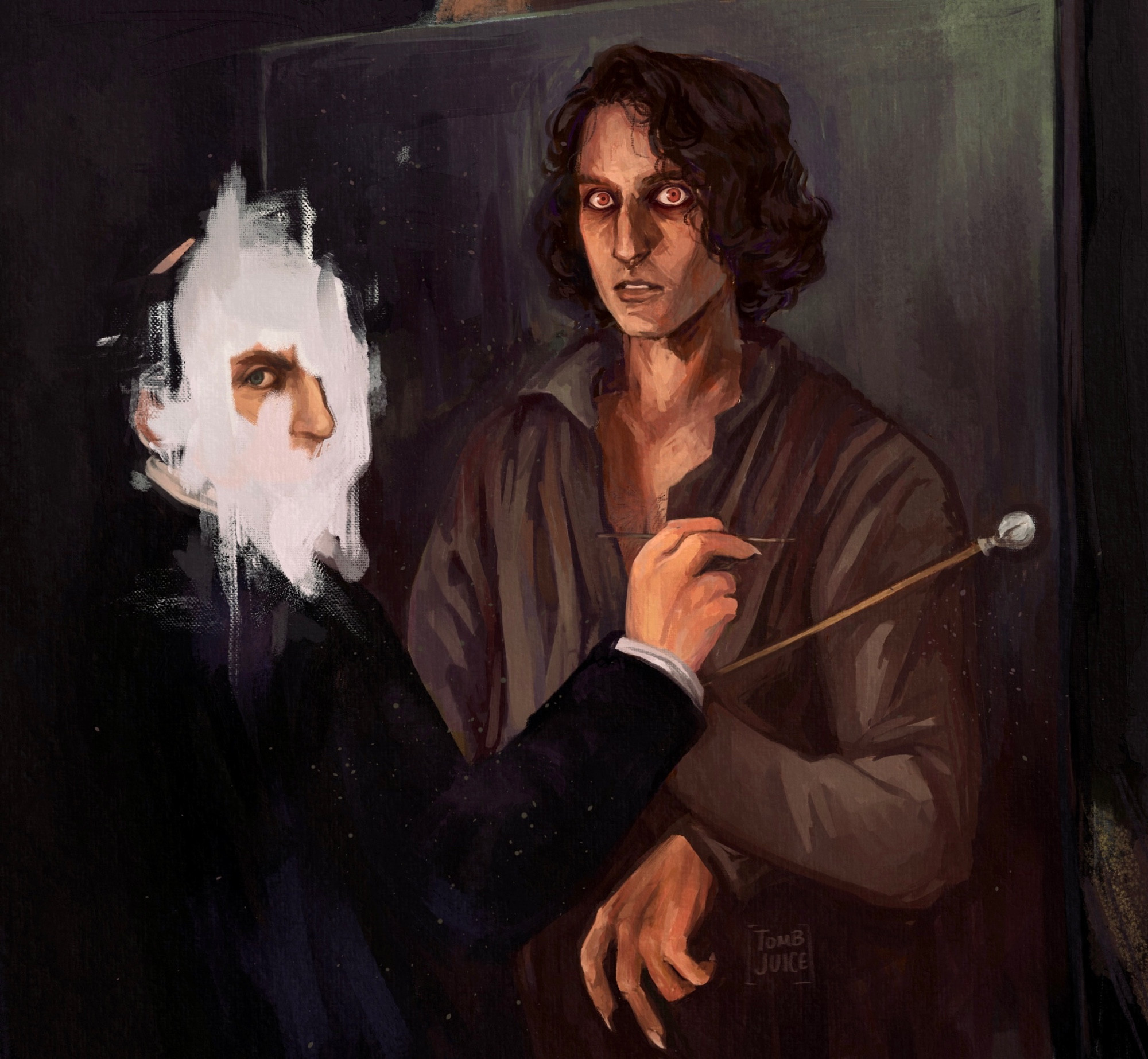 A digital painting of Marius de
Romanus painting Armand. Marius's
hand is positioned in a way that could
be read as Armand painting himself.
Marius's face is obscured with white
paint.