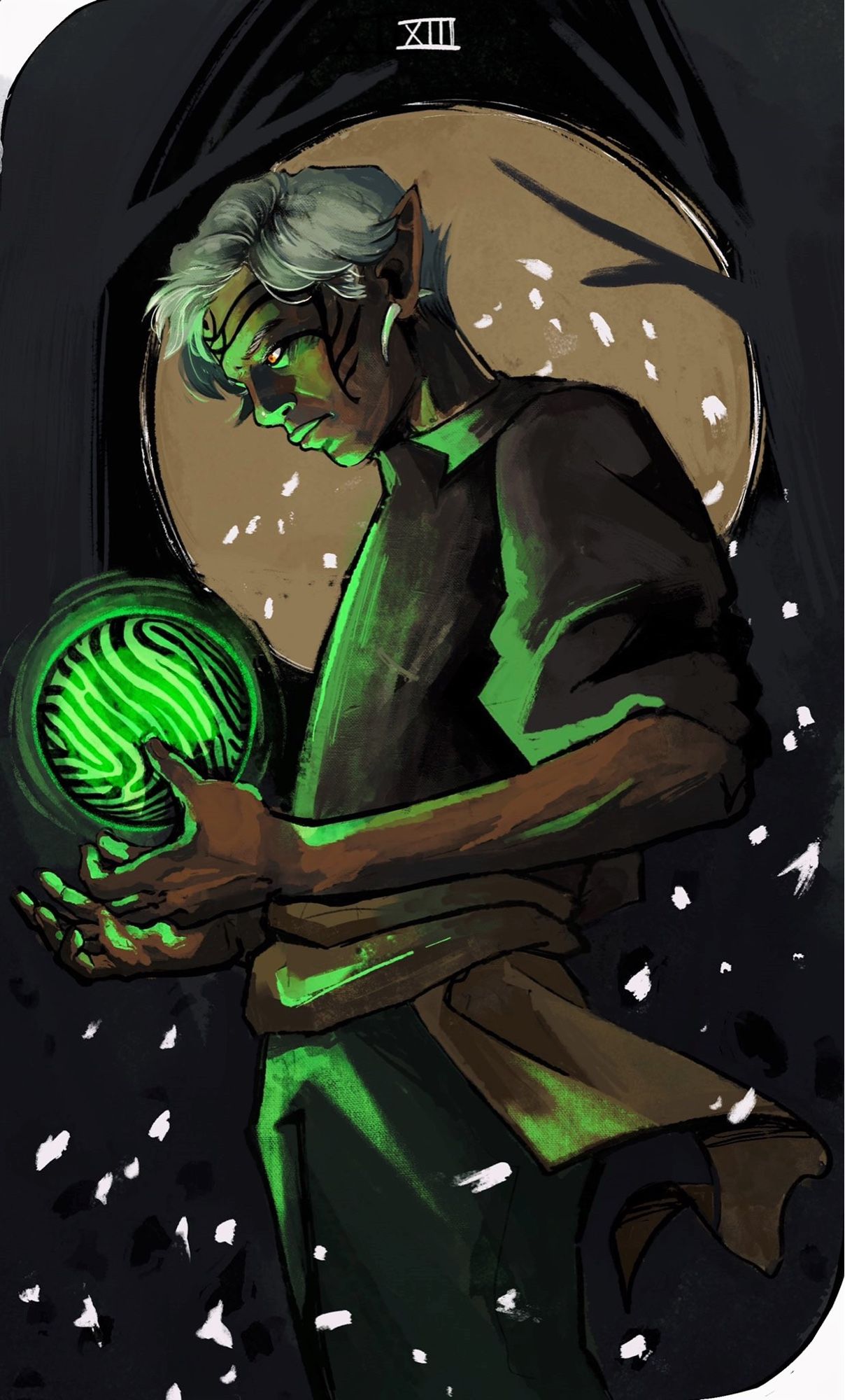 a tan skinned elf with white hair holding a glowing green orb in his hands