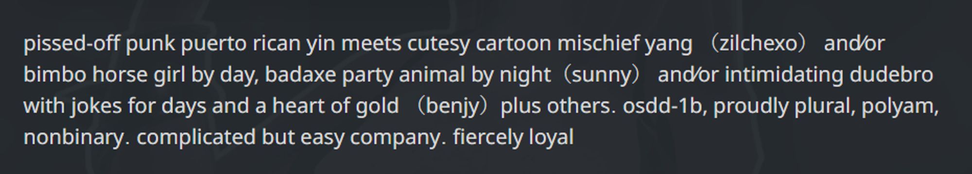 pissed-off punk puerto rican yin meets cutesy cartoon mischief yang （zilchexo） and⁄or bimbo horse girl by day‚ badaxe party animal by night（sunny） and⁄or intimidating dudebro with jokes for days and a heart of gold （benjy）plus others․ osdd-1b‚ proudly plural‚ polyam‚ nonbinary․ complicated but easy company․ fiercely loyal