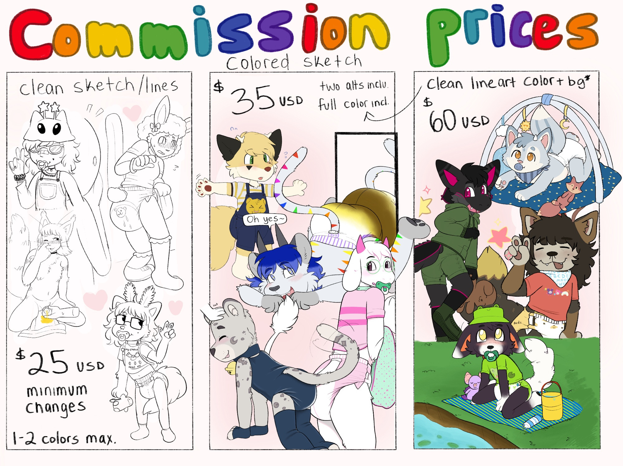 commission prices 

clean sketch/lines: $25 minimum changes 1-2 color/greyscale only, no alts! 

colored sketch: $35 full color two alts included in price 

color/shade/background*: $60 starting this is my normal fully loaded art package

*bg truly depends please be nice n nothing too intense :,3 

my discord is cozy.casper 