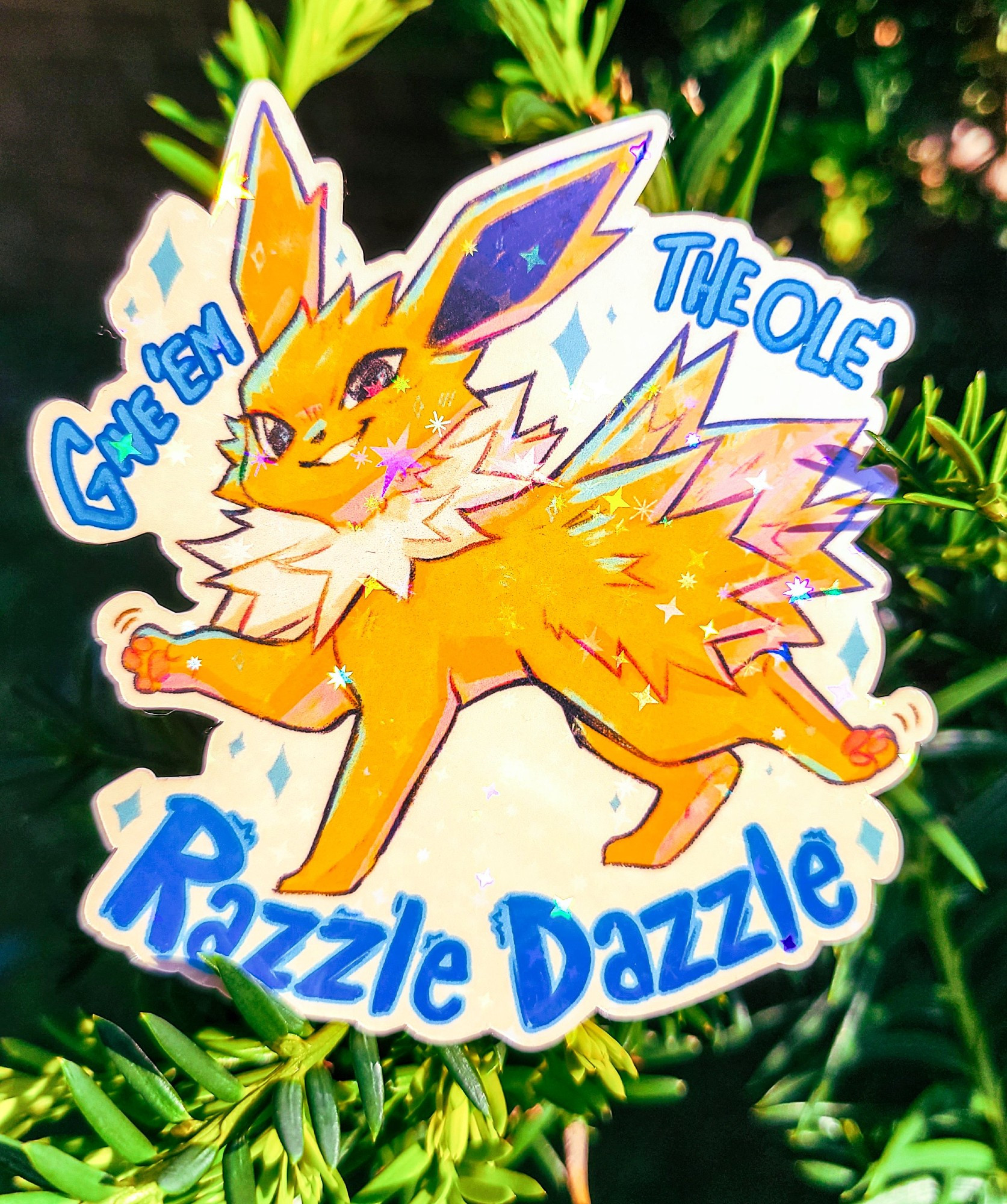 Jolteon with one arm and one leg up giving little jazz hands. Text reads "give 'em the ole' Razzle Dazzle"