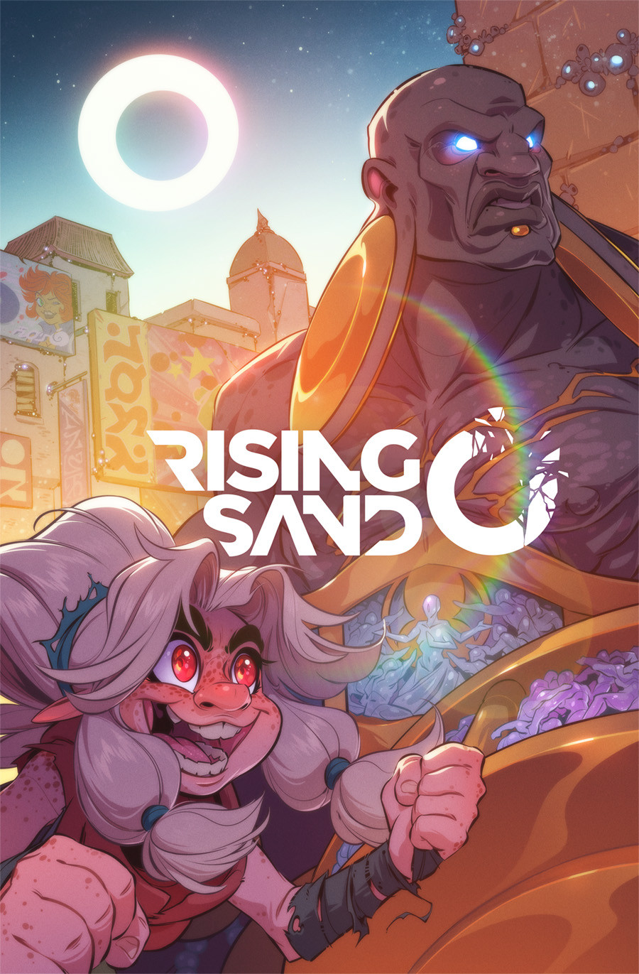 The cover image of Rising Sand Volume One, wherein Dal and Qebrus react to something out of frame—Dal with excitement, Qebrus with concern.