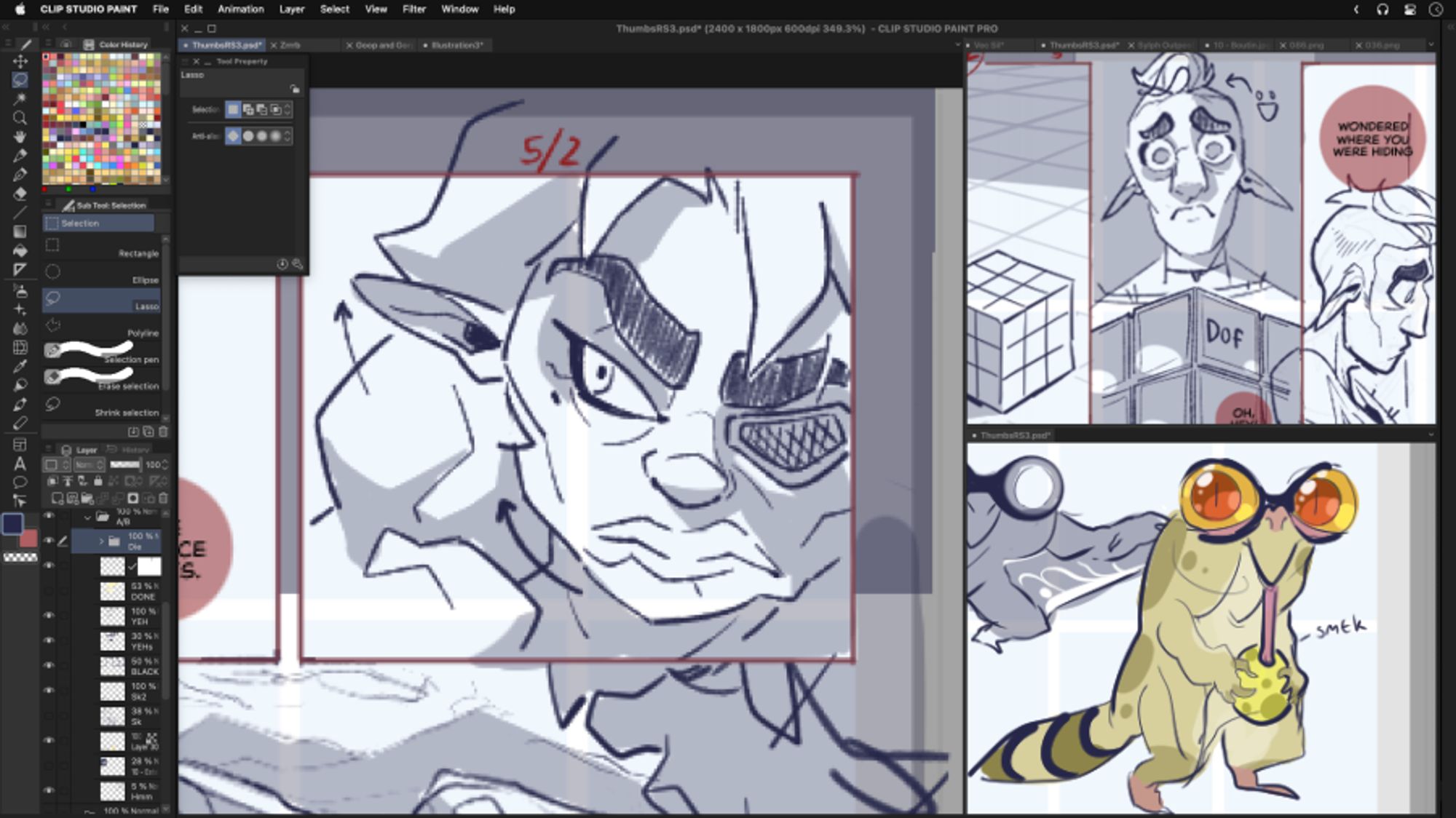 A screenshot of Clip Studio Paint, displaying WIP thumbnails of Rising Sand.