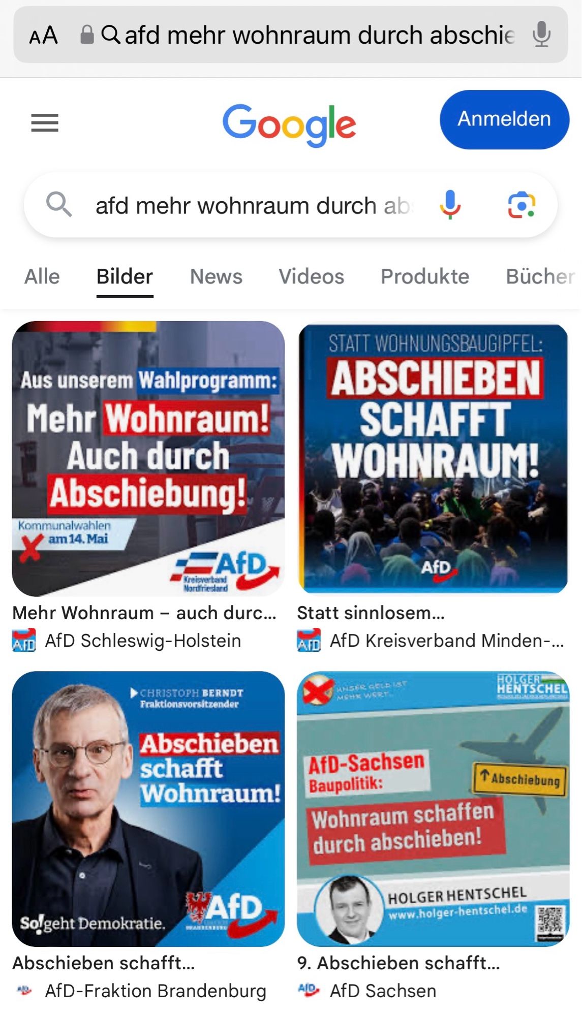 Screenshot Google Suche nach “afd mehr wohnraum durch abschiebung”

Zu sehen sind vier verschiedene Plakate (von endlos vielen diversen bundesweit), die mit dem Slogan “Abschieben schafft Wohnraum” für die AfD werben…