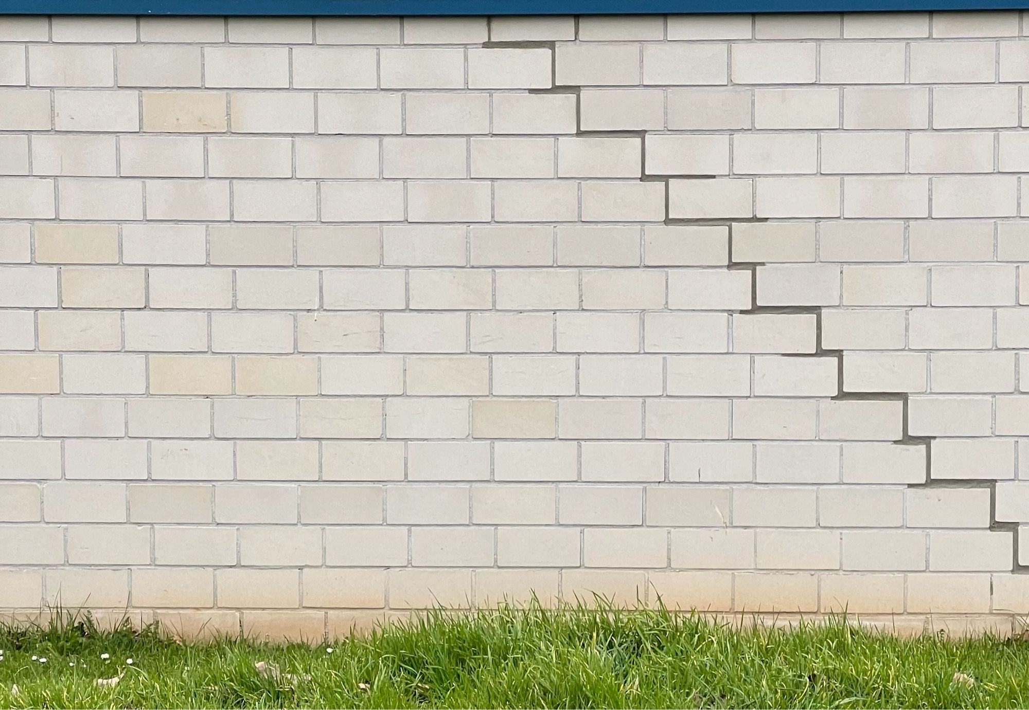 Das Bild zeigt eine helle Mauer in leicht verschiedenen Beige-Tönen mit blauem Abschluss oben… unten ein kleiner Streifen grüne Wiese mit kaum erkennbaren Gänseblümchen… im Mauerwerk reicht von der Mitte oben bis rechts unten eine Art “gezeichnete Treppe” durch entsprechend abgedunkelte (dunkelgraue) Fugen… alle restlichen Fugen sind hellgrau…