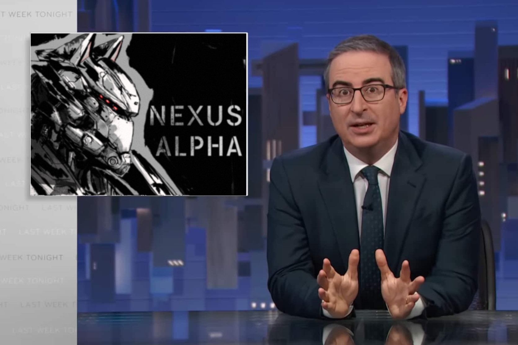 John oliver with nexus alpha graphic