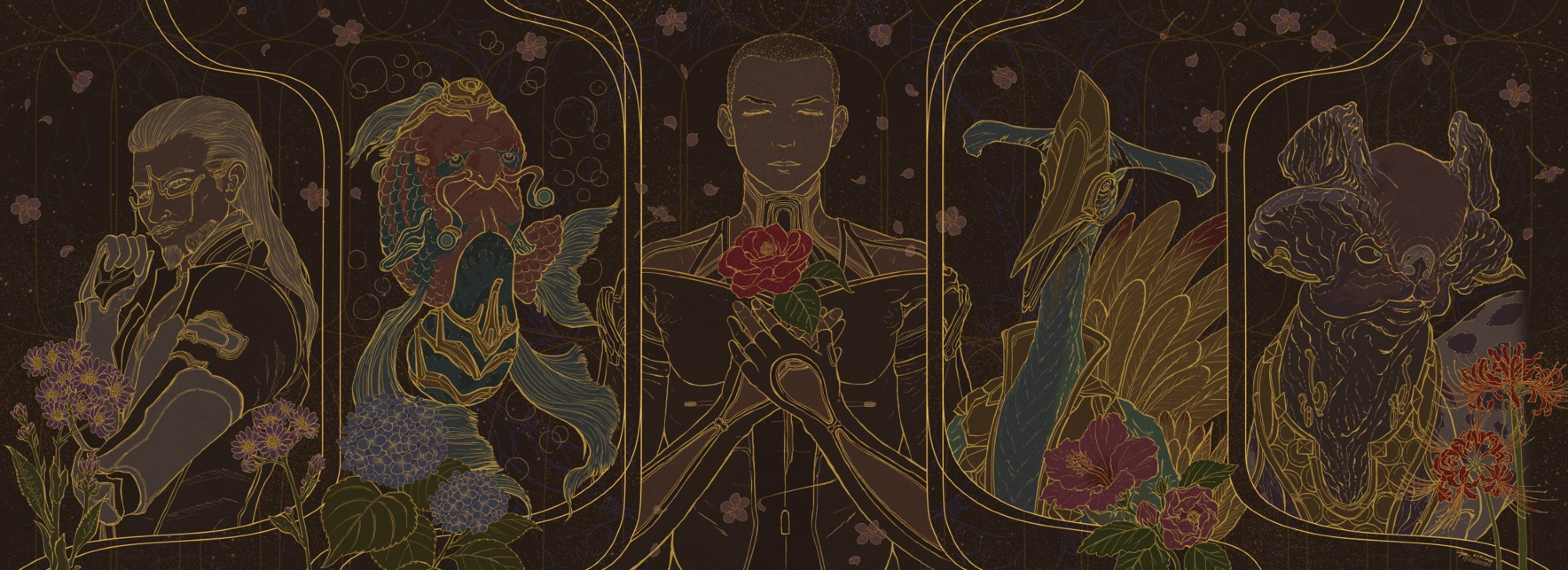 Albrecht's Legacy - mixed media piece featuring members of the Cavia, Loid, and Operator and flowers representing each of them. Lineart in gold on dark background. 