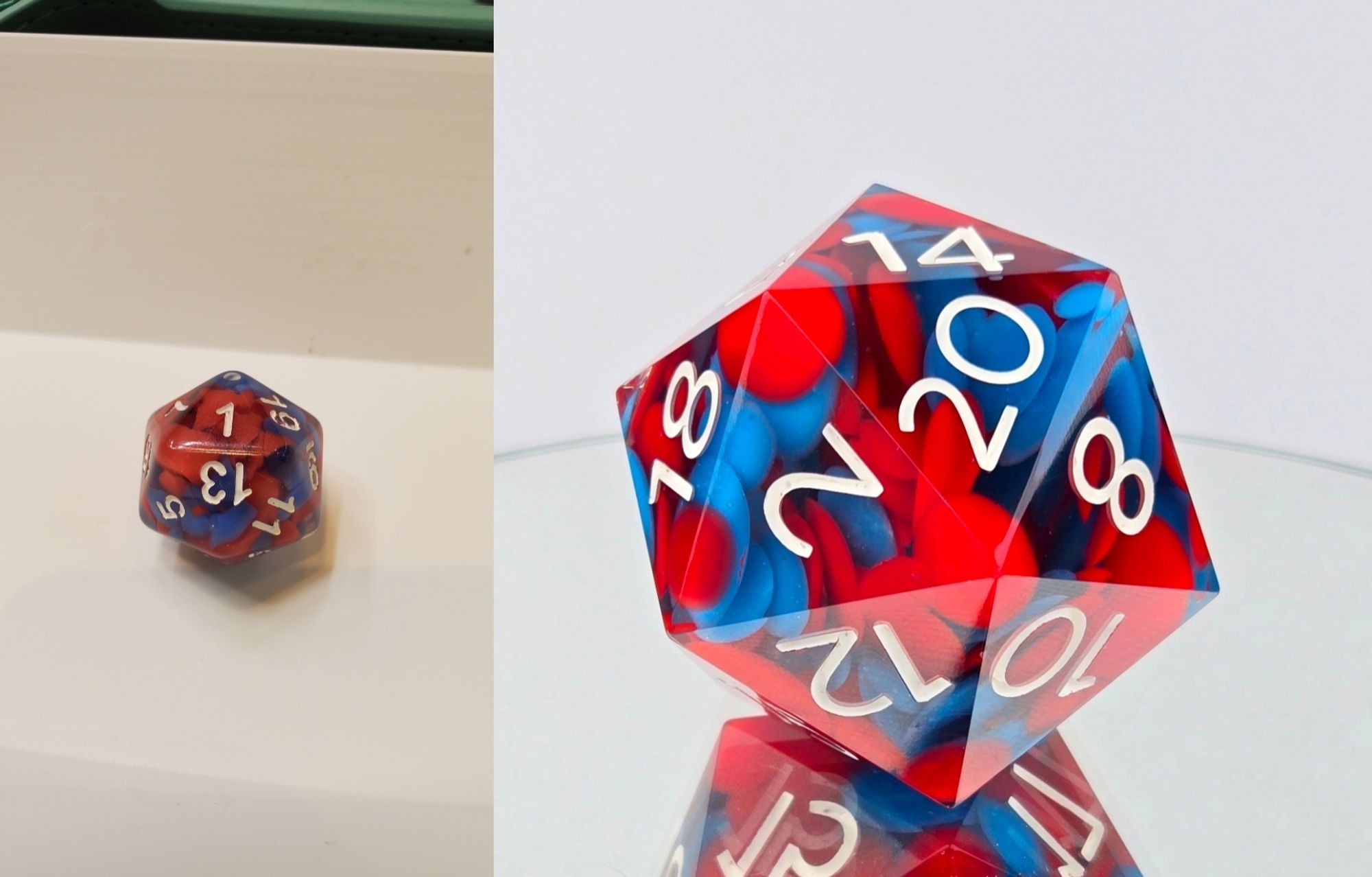 A side by side of two dice photos. On the left is a small, round edge d20 with chunks of opqaue red and opaque blue in clear resin and white numbers. On the right is a large, sharp edge d20 with chunks of opaque red and opaque blue in clear resin with white numbers.