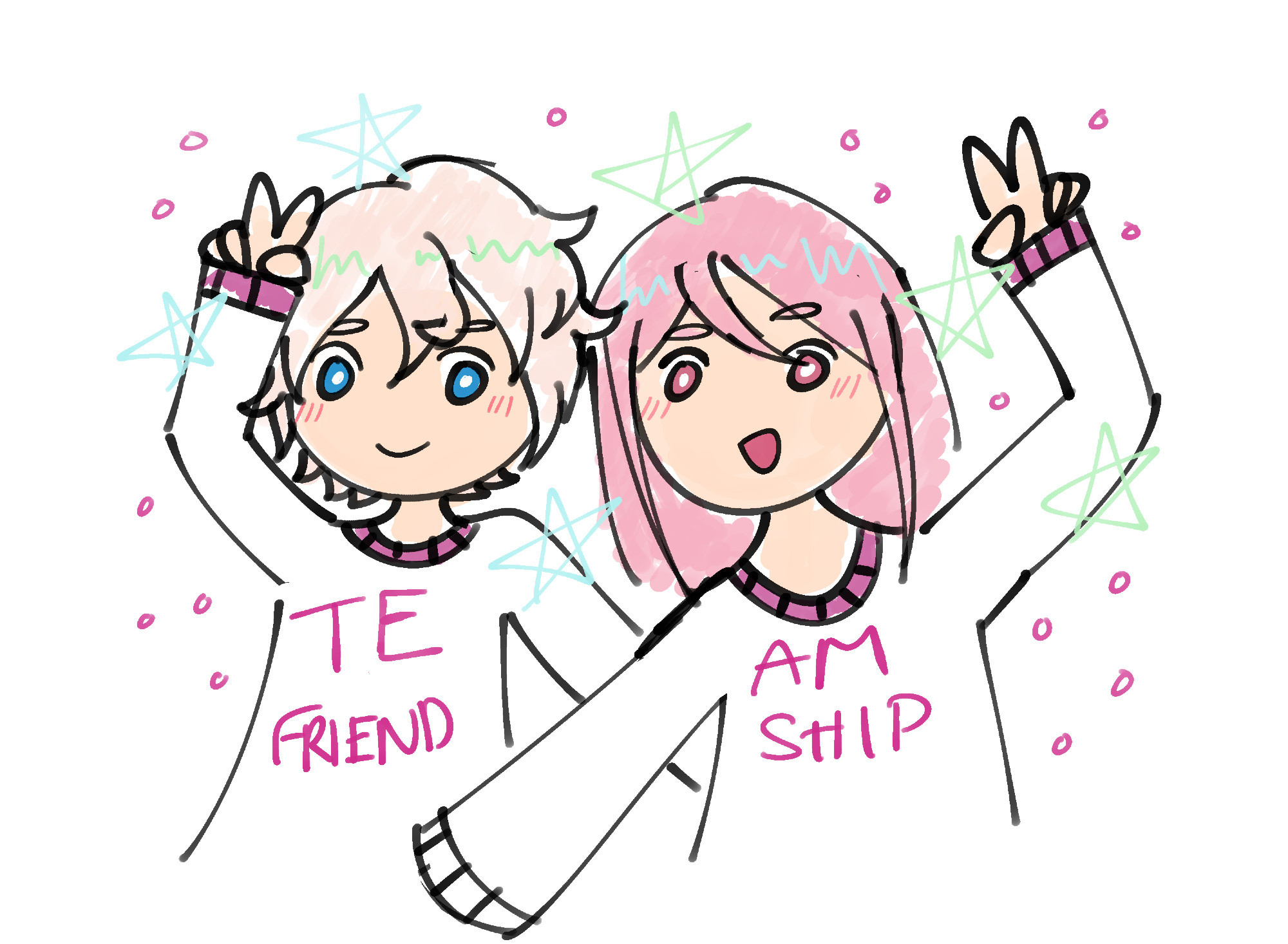 Half-body chibis of Momoi Satsuki and Muku Sakisaka doing peace signs. Muku's shirt says "TE FRIEND" and Momoi's shirt says "AM SHIP" so that together it reads "TEAM FRIENDSHIP." There are circles and stars surrounding them.