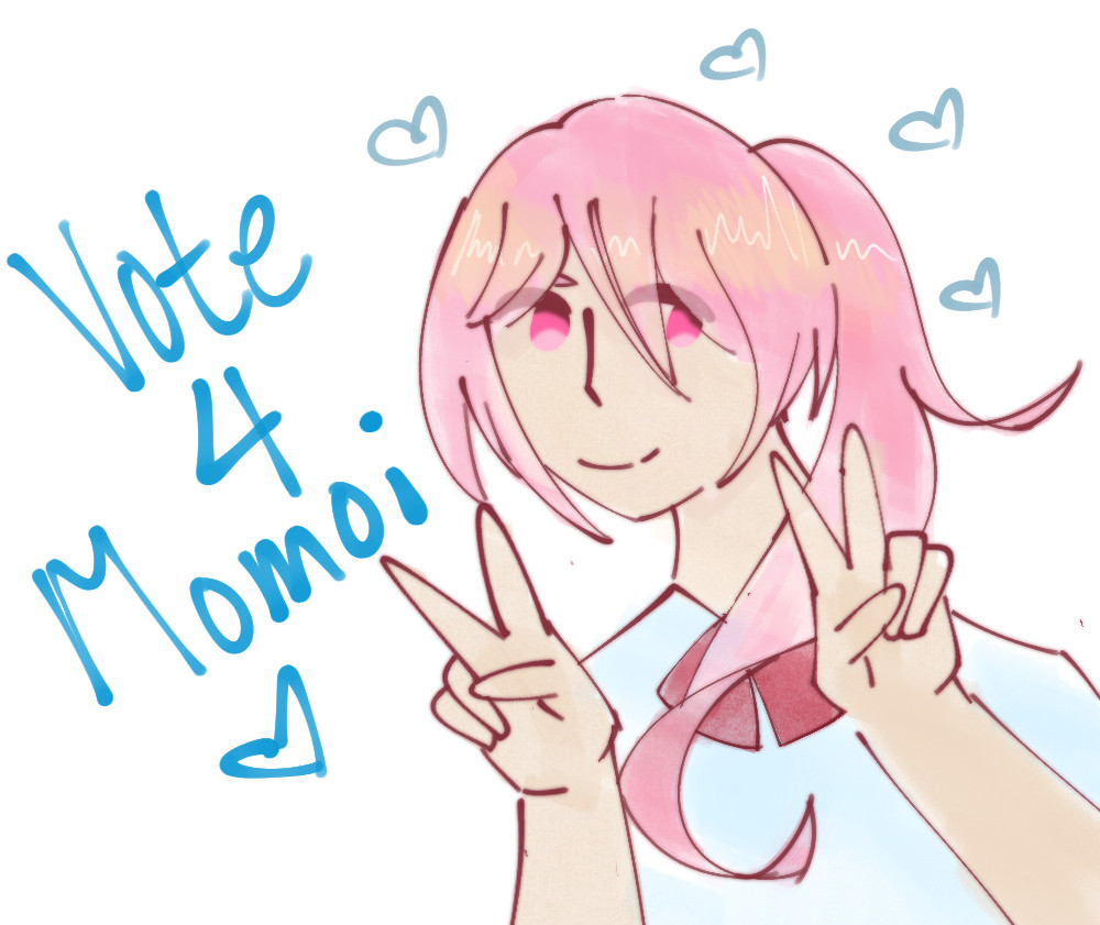 Headshot of Satsuki Momoi. Her hair is in a ponytail and she is giving two peace signs. There are hearts drawn around her. The text reads "Vote 4 Momoi".