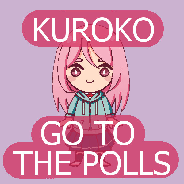 Chibi of Satsuki Momoi. The text reads "KUROKO" in the top row and "GO TO THE POLLS" in the bottom row.