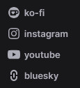 a screenshot of a twitch channel's external links. ko-fi, instagram, youtube and bluesky links are shown here, with respective icons for each website. the bluesky link has a link icon.