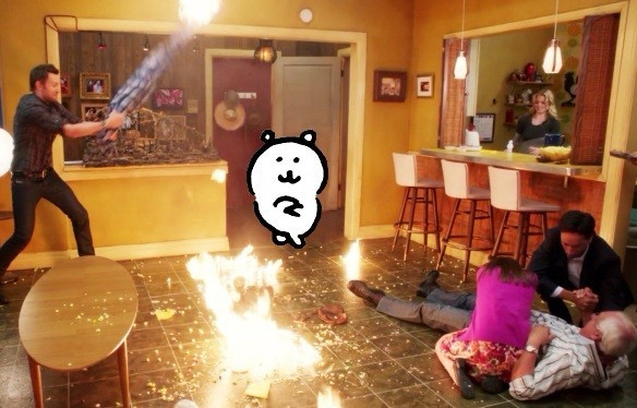 the scene from community where there’s a fire in the apartment and a whole lot of chaos while a small white bear just walks in casually