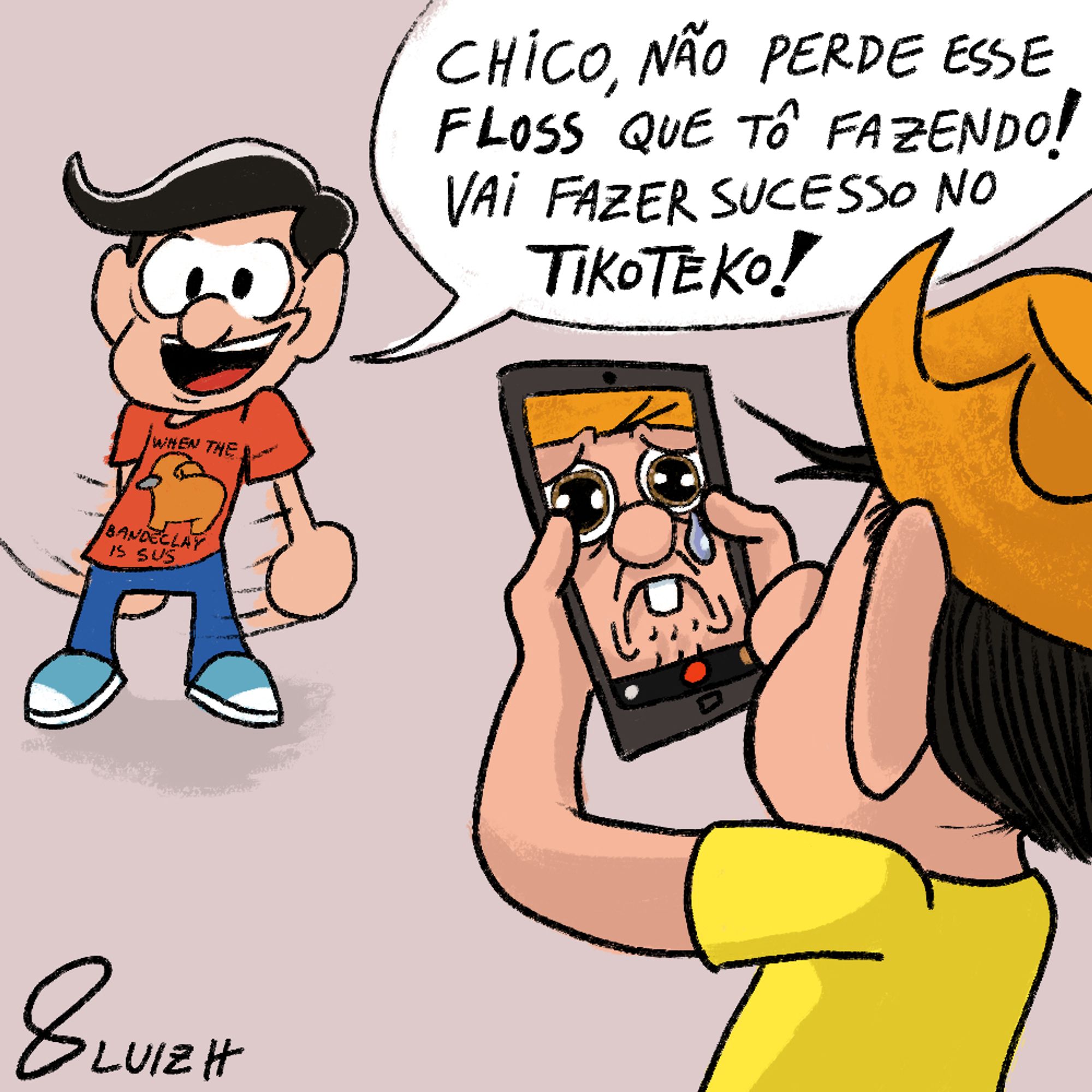 primo zeca com camisa de among us bundudo escrita "when the bandeclay is sus" diz: "chico, não perde esse floss que tô fazendo! vai fazer sucesso no tikoteko!". chico bento de costas aponta celular para ele mas a câmera interna está ativada, mostrando sua cara de tristeza.
Arte de 2021
#art #brart #brazilianartists #inktober