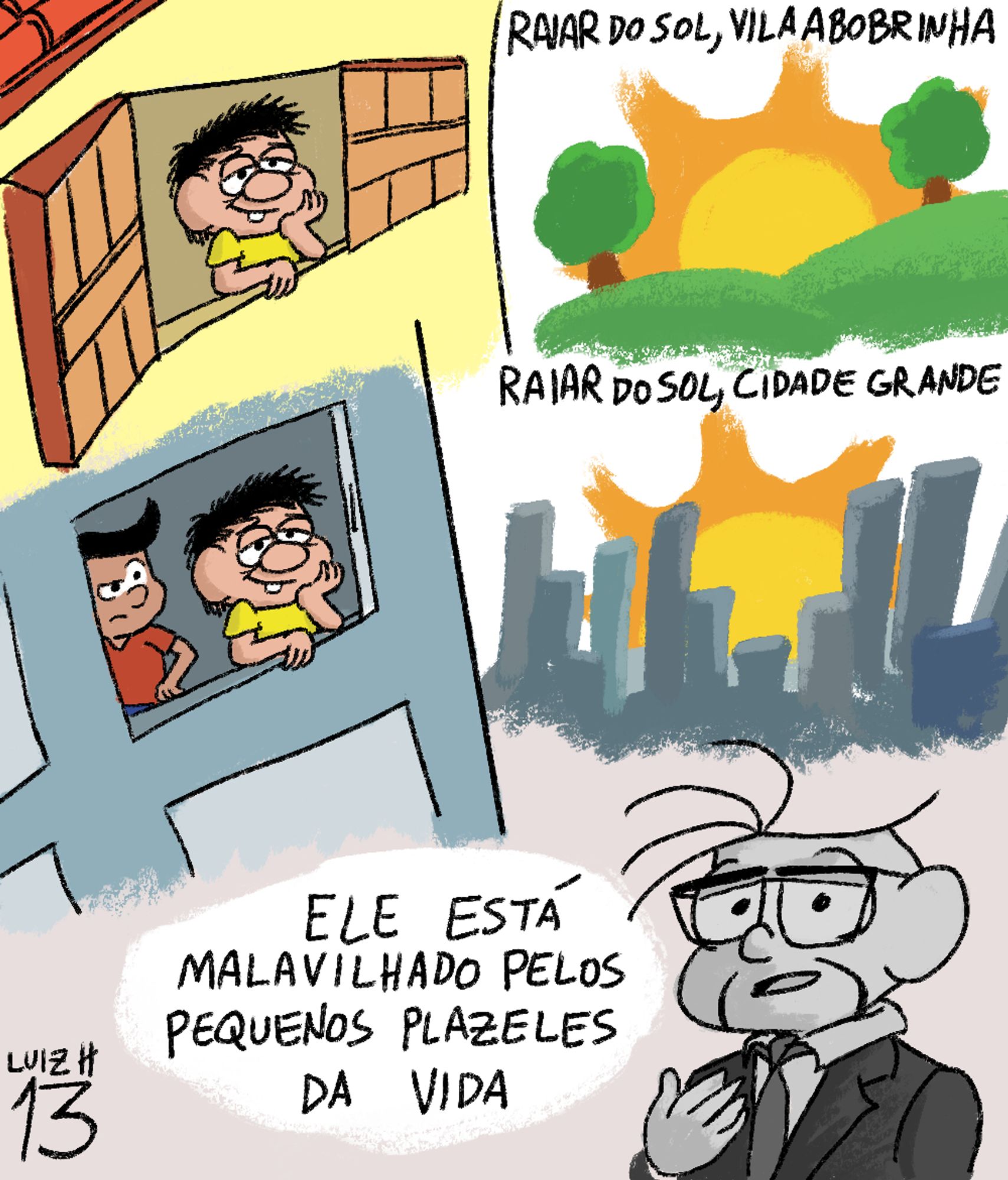 raiar do sol, vila abobrinha: chico bento encara sonolento mas sorridente da janela de casa para o sol entre as planícies.
raiar do sol, cidade grande: chico bento encara sonolento mas sorridente da janela do prédio para o sol entre outros prédios, enquanto seu primo o encara estranhando a situação.
cebolinha de robert downey jr em preto e branco diz: ele está malavilhado pelos pequenos plazeles da vida.
Arte de 2021
#art #brart #brazilianartists #inktober