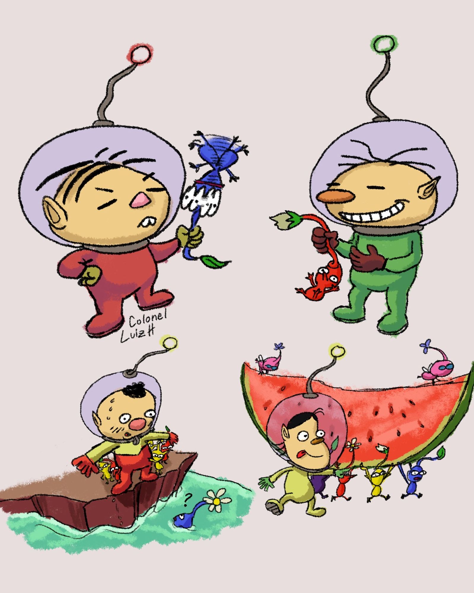 os 4 protagonistas da turma da Mônica como astronautas de pikmin. mônica balança um pikmin azul por sua antena tal qual faz com o sansão e o cebolinha dá um nó na antena de outro pikmin. cascão e vários pikmin vermelhos e amarelos estão preocupados na beirada de um lago enquanto um pikmin azul nadando no mesmo não entende a situação. magali ordena para vários pikmin diferentes carregarem uma fatia de melancia gigante na direção que ela aponta.
#art #brart #brazilianartists #inktober