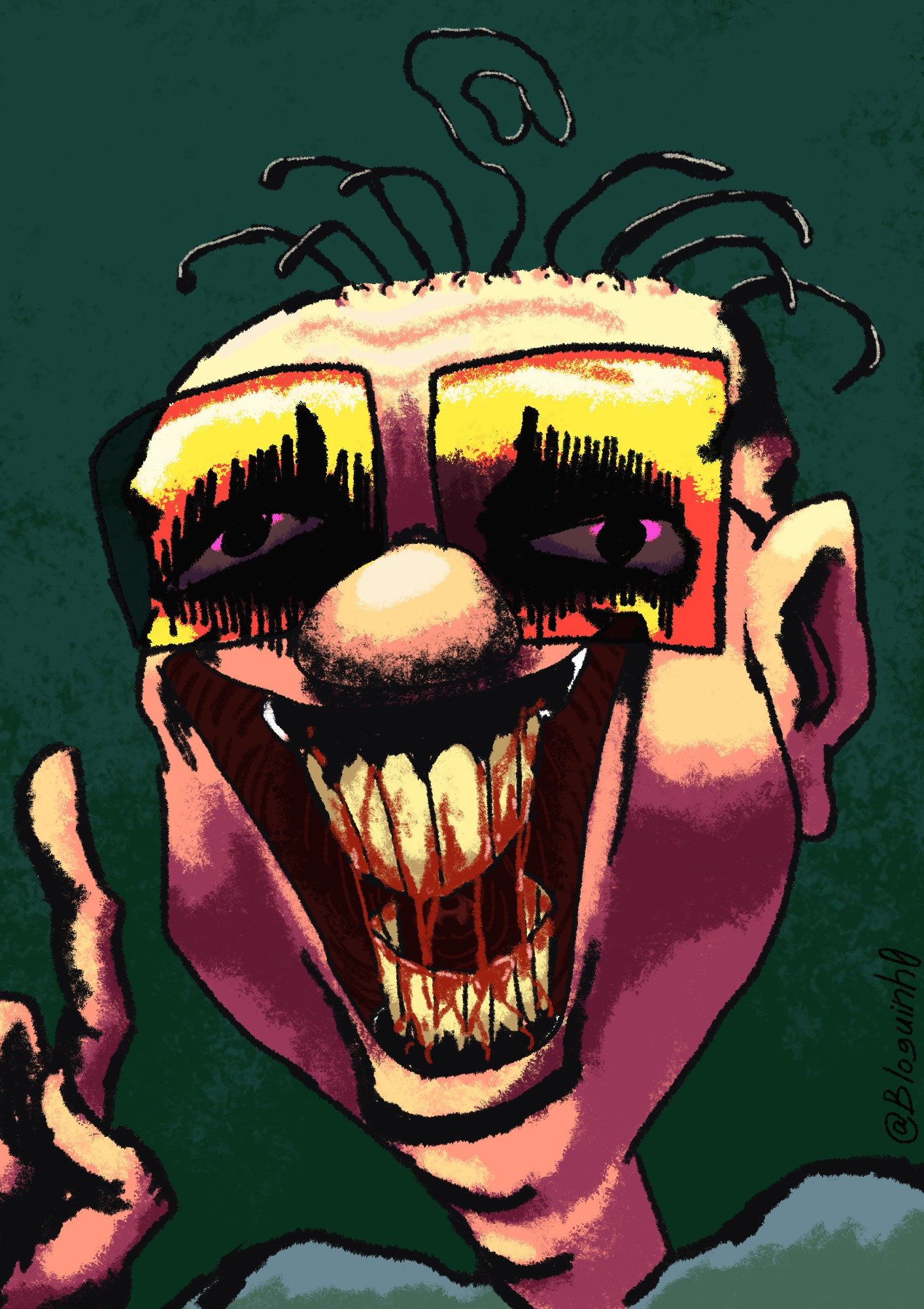 bloguinho versão creepypasta analogue horror com os arredores dos olhos meio realistas escuros, bocão sorridente cheio de dente e sangue, além de muito sombreado sinistro.
Arte de 2023
#art #brart #brazilianartists #inktober