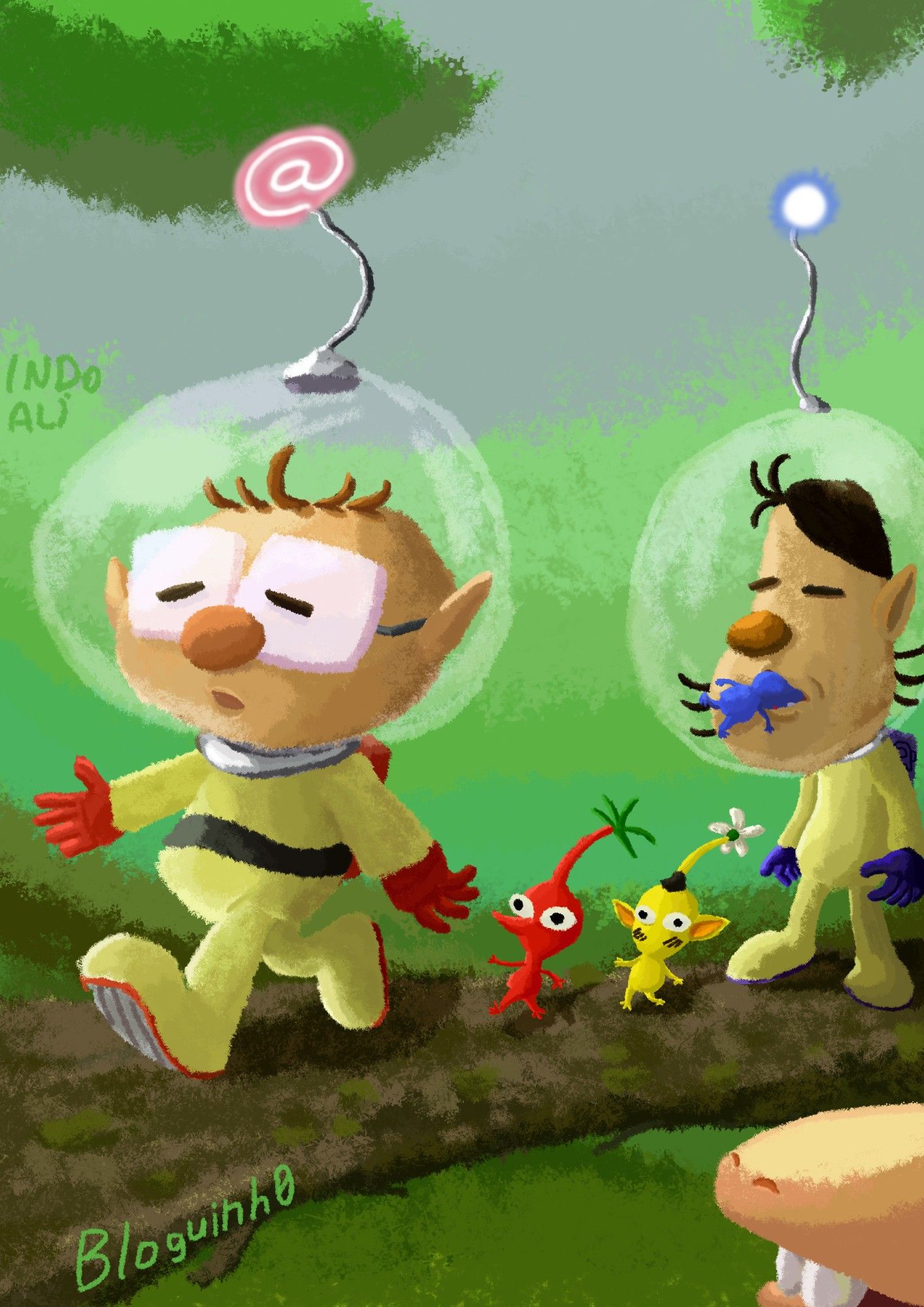 bloguinho e magali em estilo olimar e louie marchando em um tronco junto com dois pikmin de cebolinha e cascão. magali está comendo um outro pikmin e abaixo deles dá pra ver a boca de um bulborb com os dentes iguais aos da Mônica
#art #brart #brazilianartists #inktober