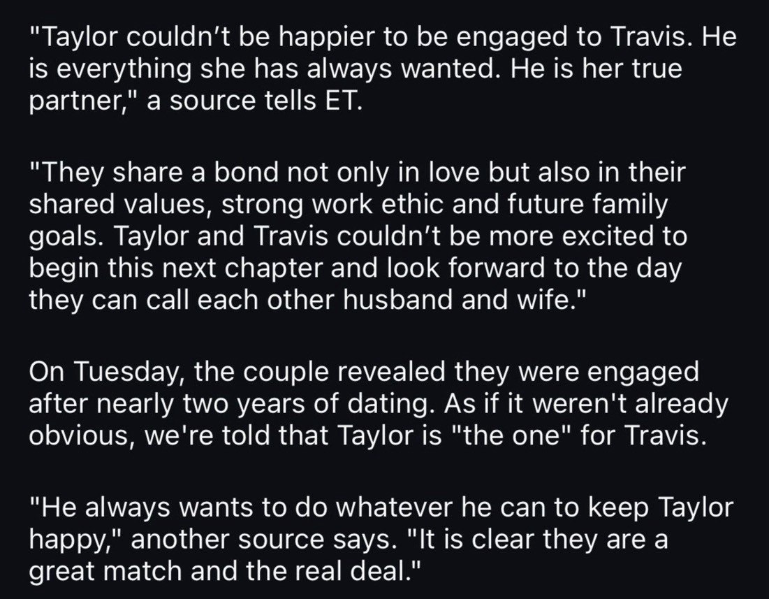 A screenshot of text discussing Taylor and Traviss engagement, highlighting their strong bond, shared values, and happiness about their future together according to sources.