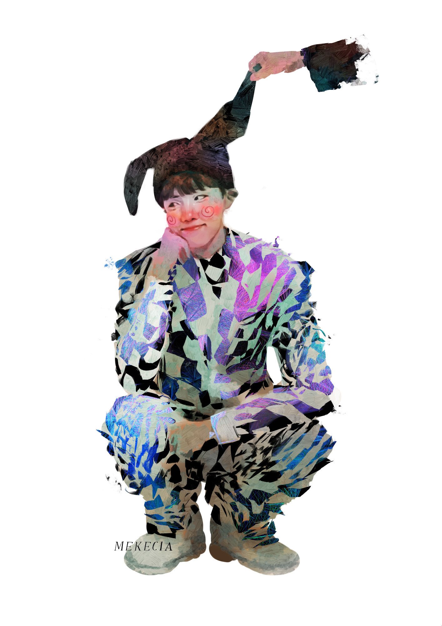 Illustration of J-hope of BTS, he is squatting, he is resting his head against his right hand and he is smiling. He is wearing a white, black, blue and pink checkered suit. He has a black hat with two long pieces of fabric, resembling bunny ears. A floating hand is holding one of the two pieces.