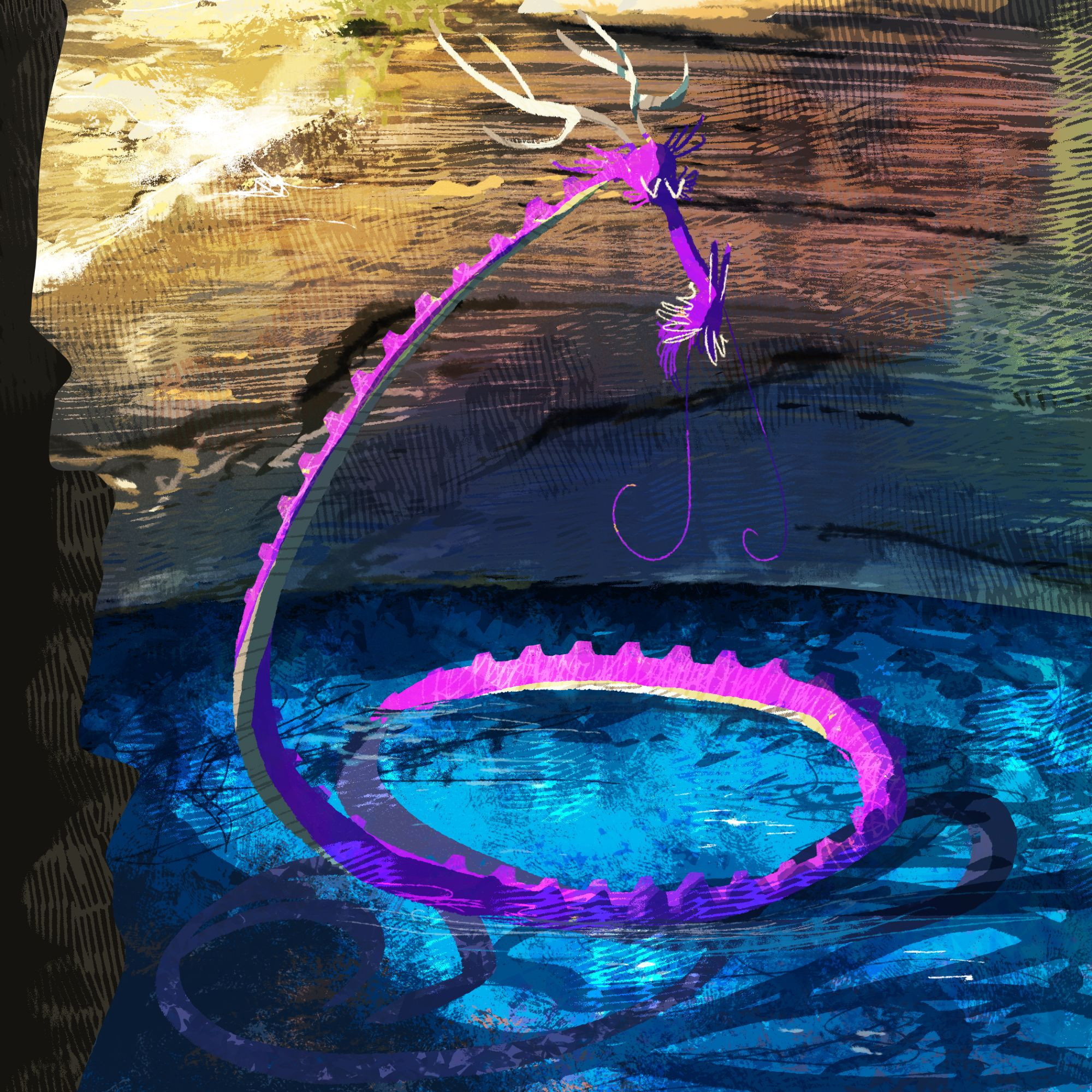 Drawing of a purple dragon bathing on an underground pool.