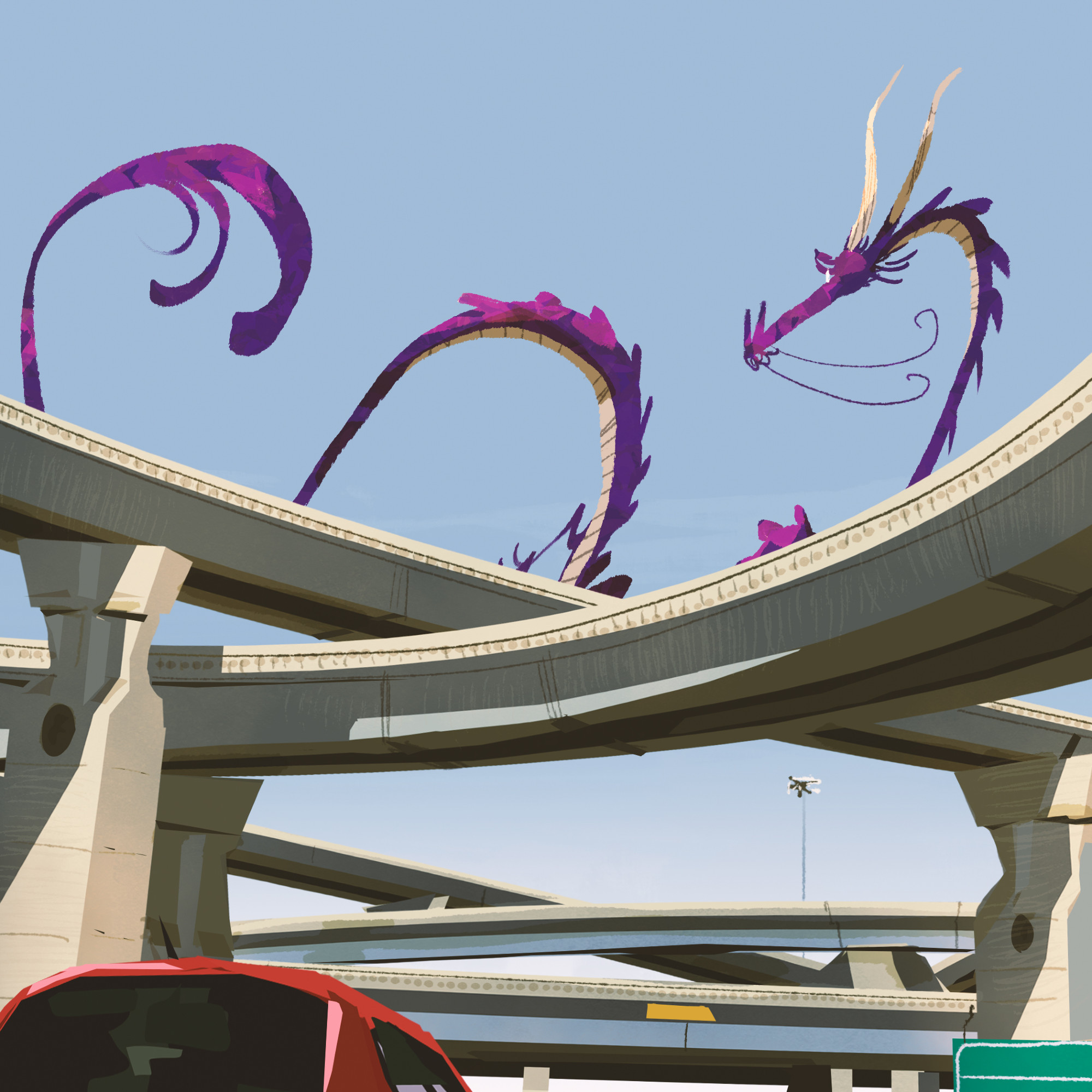 Drawing of a purple dragon walking on a highway.