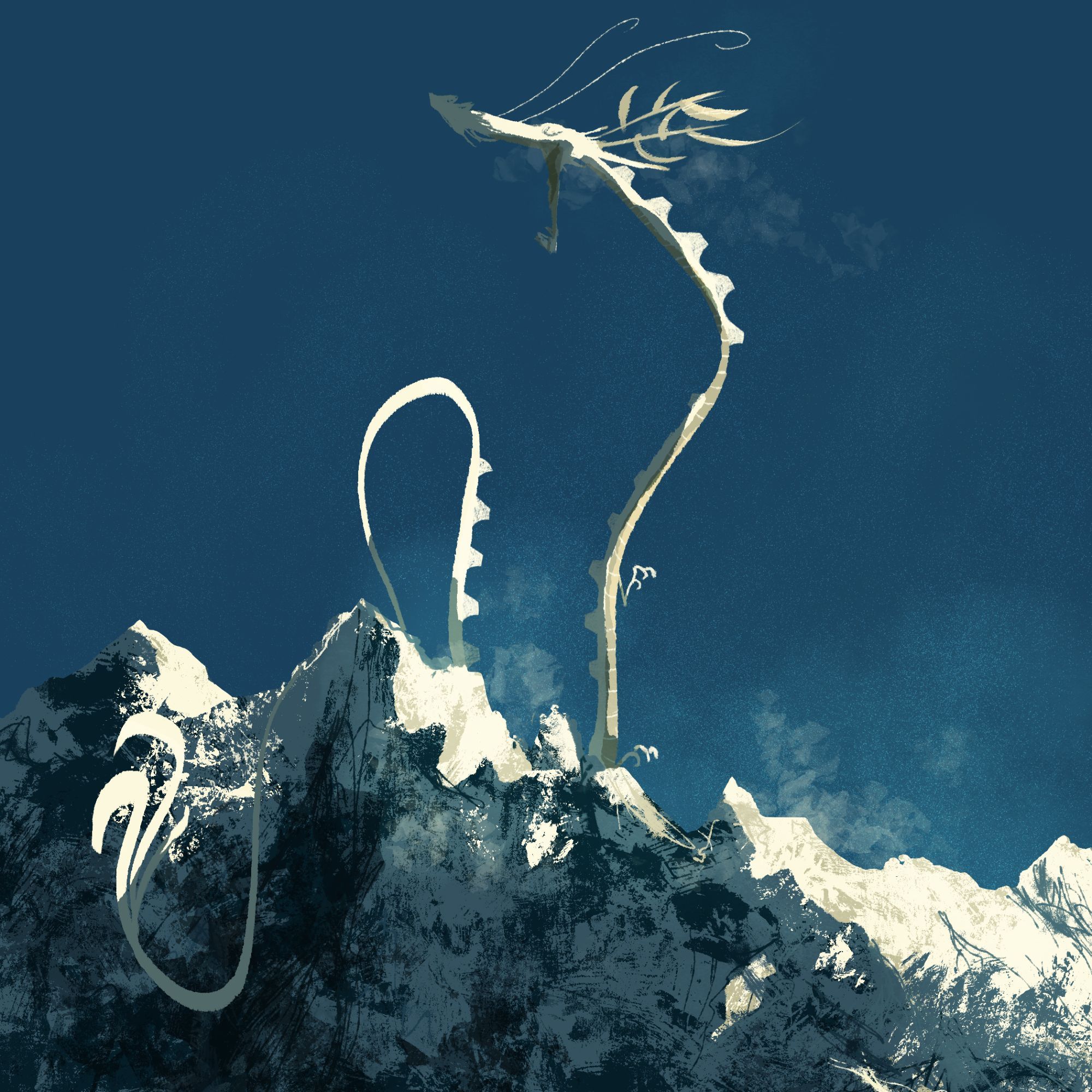 Drawing of a white dragon sitting on the top of a snow covered mountain.