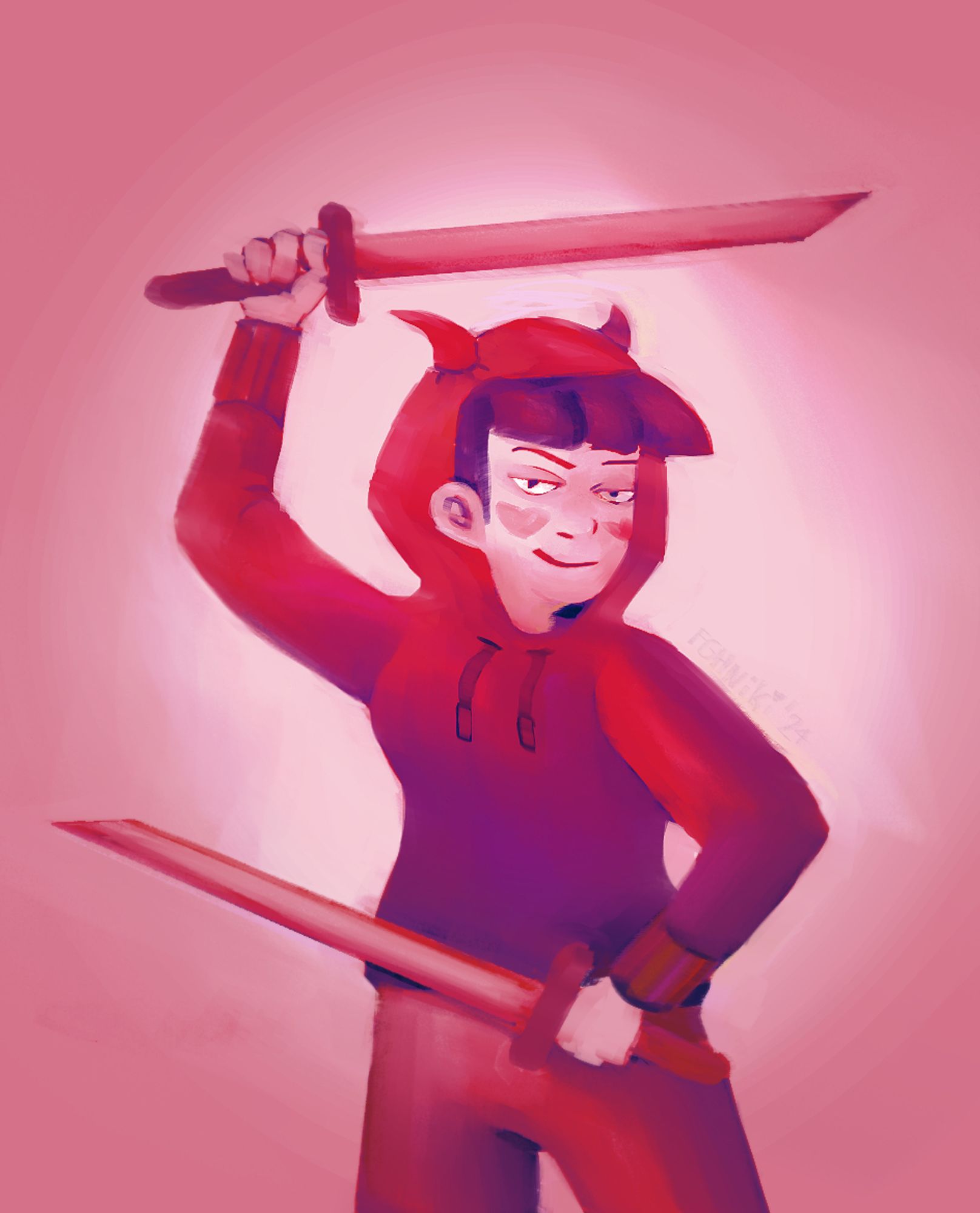 A digital painting of Yangdding posing with two swords and smiling smugly, done in reds, blues and whites.