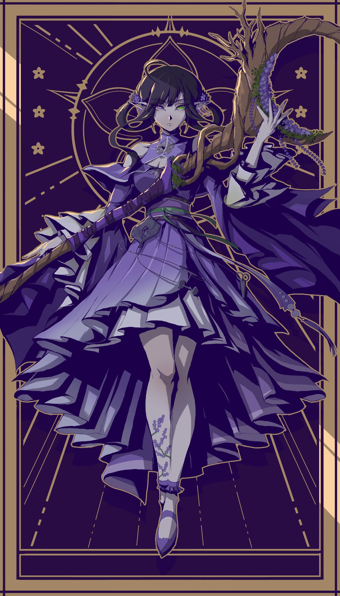 Art by Hy_Hav in a tarot card style, with Elva hovering and staff in hand, emotionless