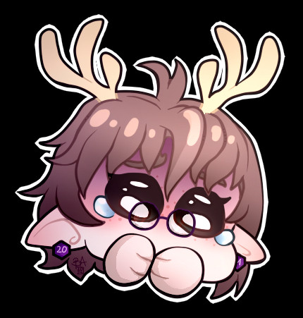 A cute anime chibi head; brown hair, teary eyes, deer antlers, d20 earrings. All in all, KA-WA-II.