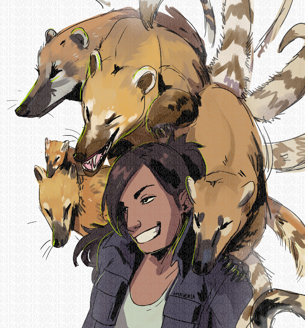 A person with a combat jacket looking over to their left with a smile. A troop of coatis appearing over and behind them can be seen