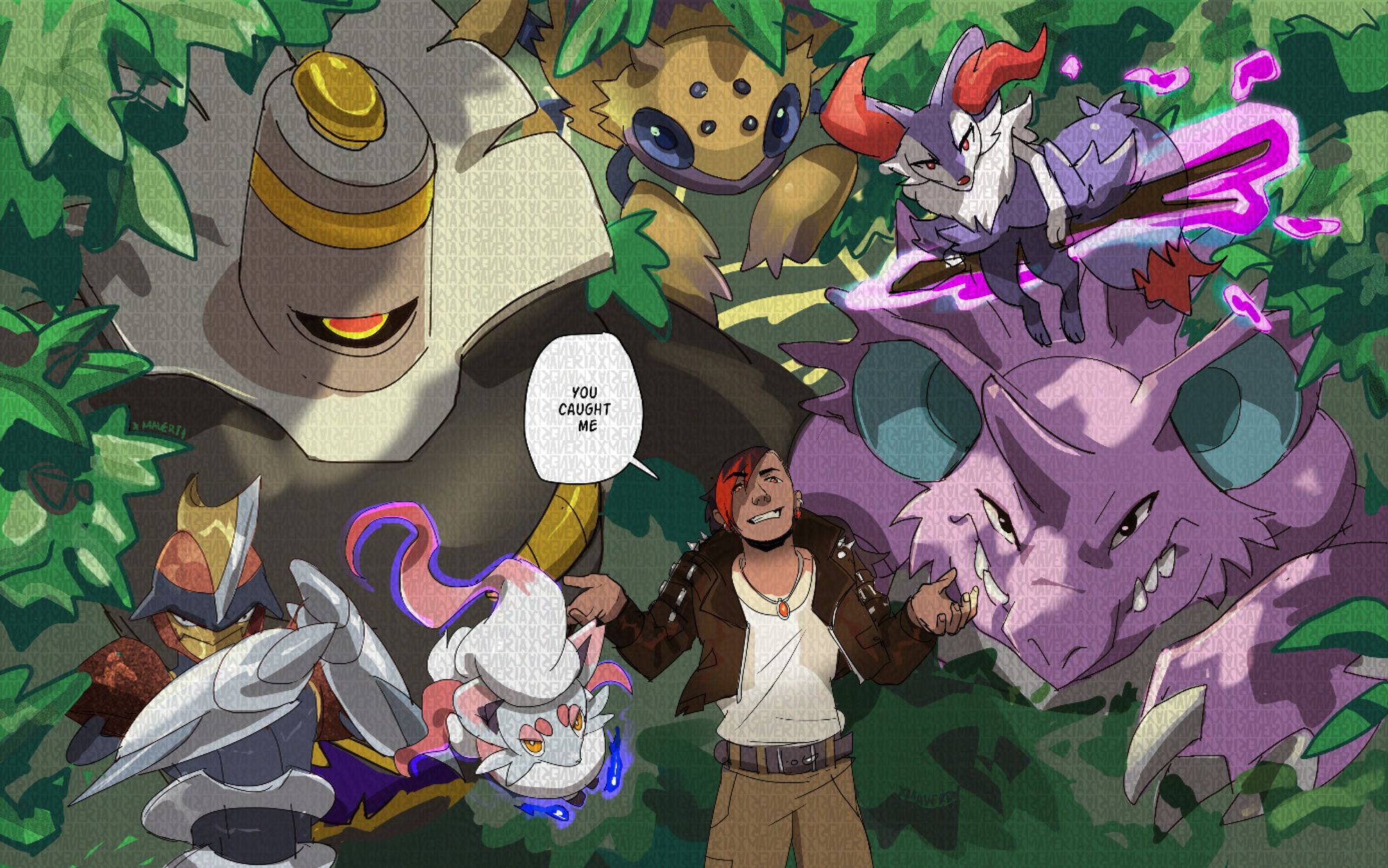 A foliage hides partly covered pokemon figures of Bisharp, Dusknoir,Garvantula, Braixen and Nidoking  with glares at the viwer The human trainer also matching with a glare sporting a leather jacket and shrugging smugly. They are saying you caught me